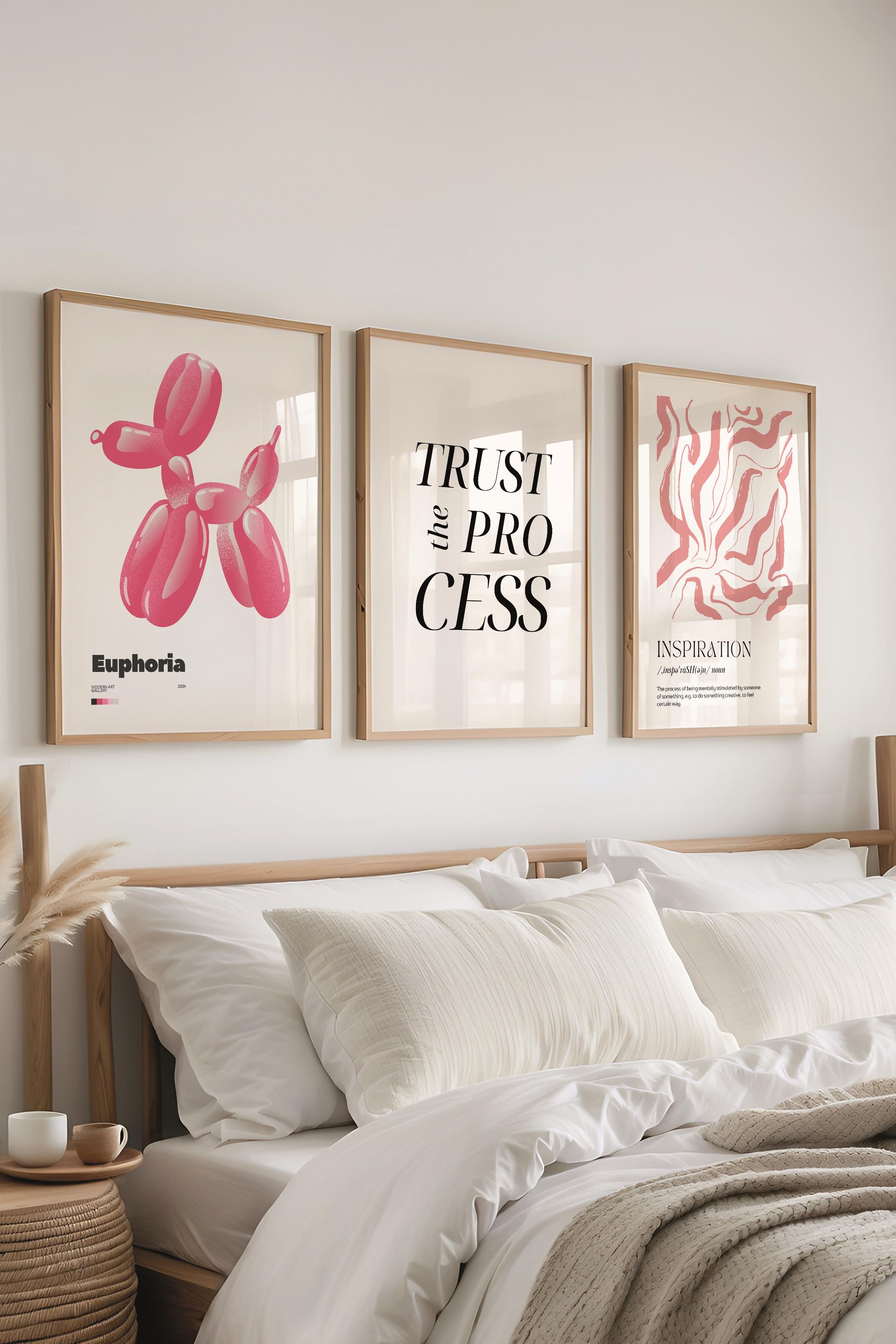 Soft Pembe Tablo Seti, 3 Adet Ahşap Çerçeve ve Poster - Yatak Odası, Mutfak, Salon Duvar Dekoru