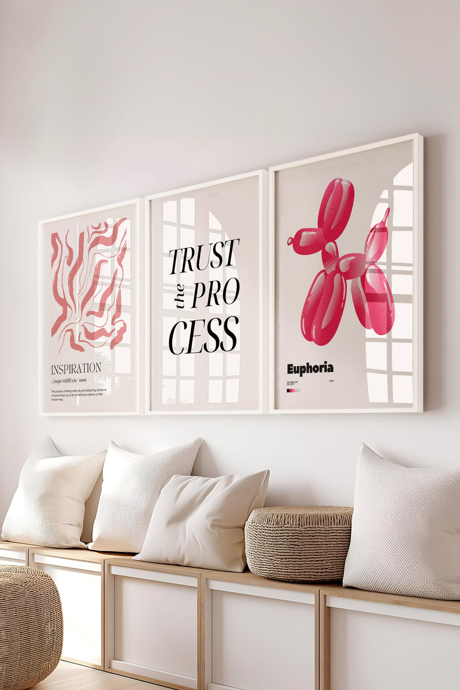 Soft Pembe Tablo Seti, 3 Adet Beyaz Çerçeve ve Poster - Yatak Odası, Mutfak, Salon Duvar Dekoru