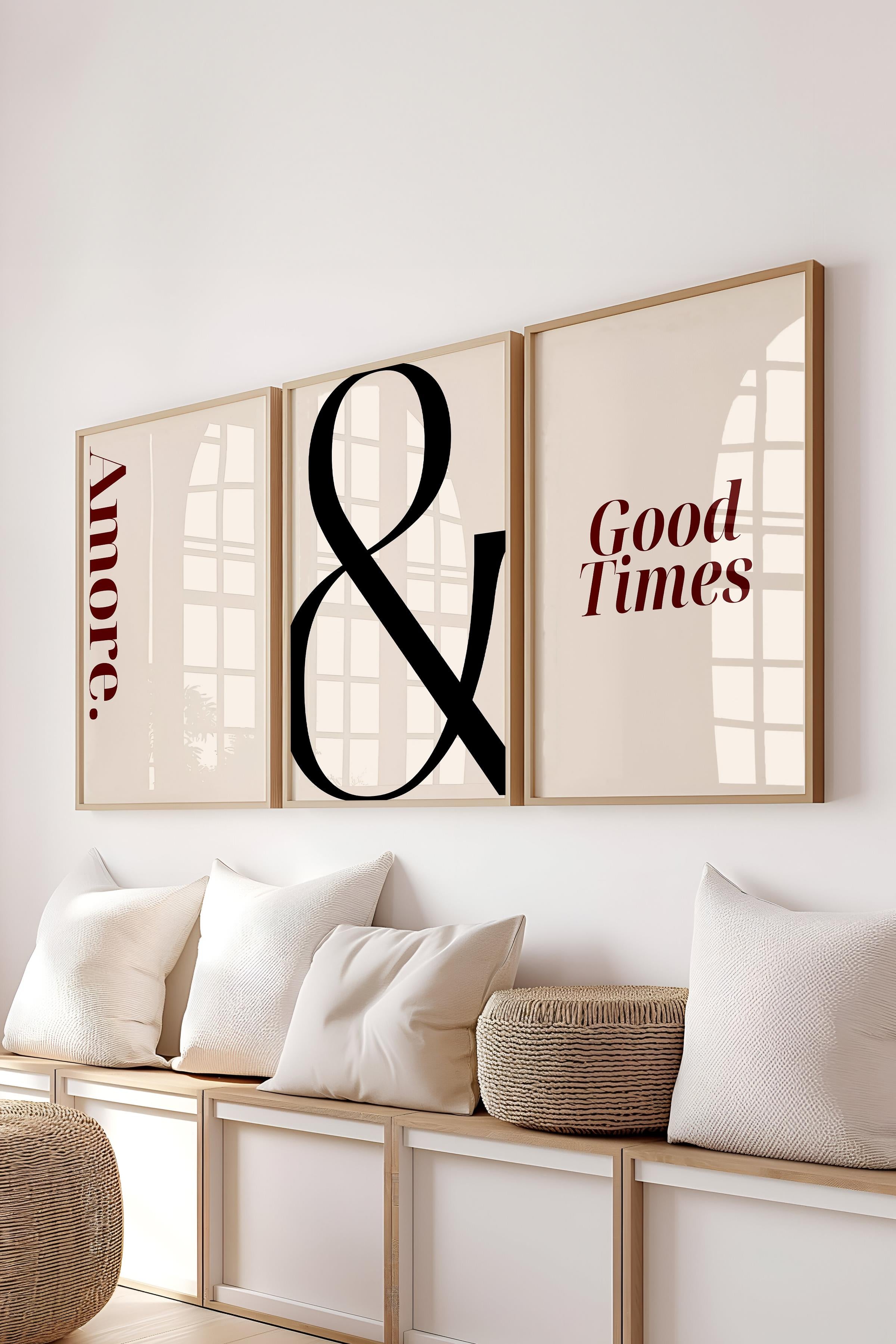 Soft Bej Tablo Seti, 3 Adet Ahşap Çerçeve ve Poster - Sonsuzluk, Amore ve Good Times Duvar Dekoru