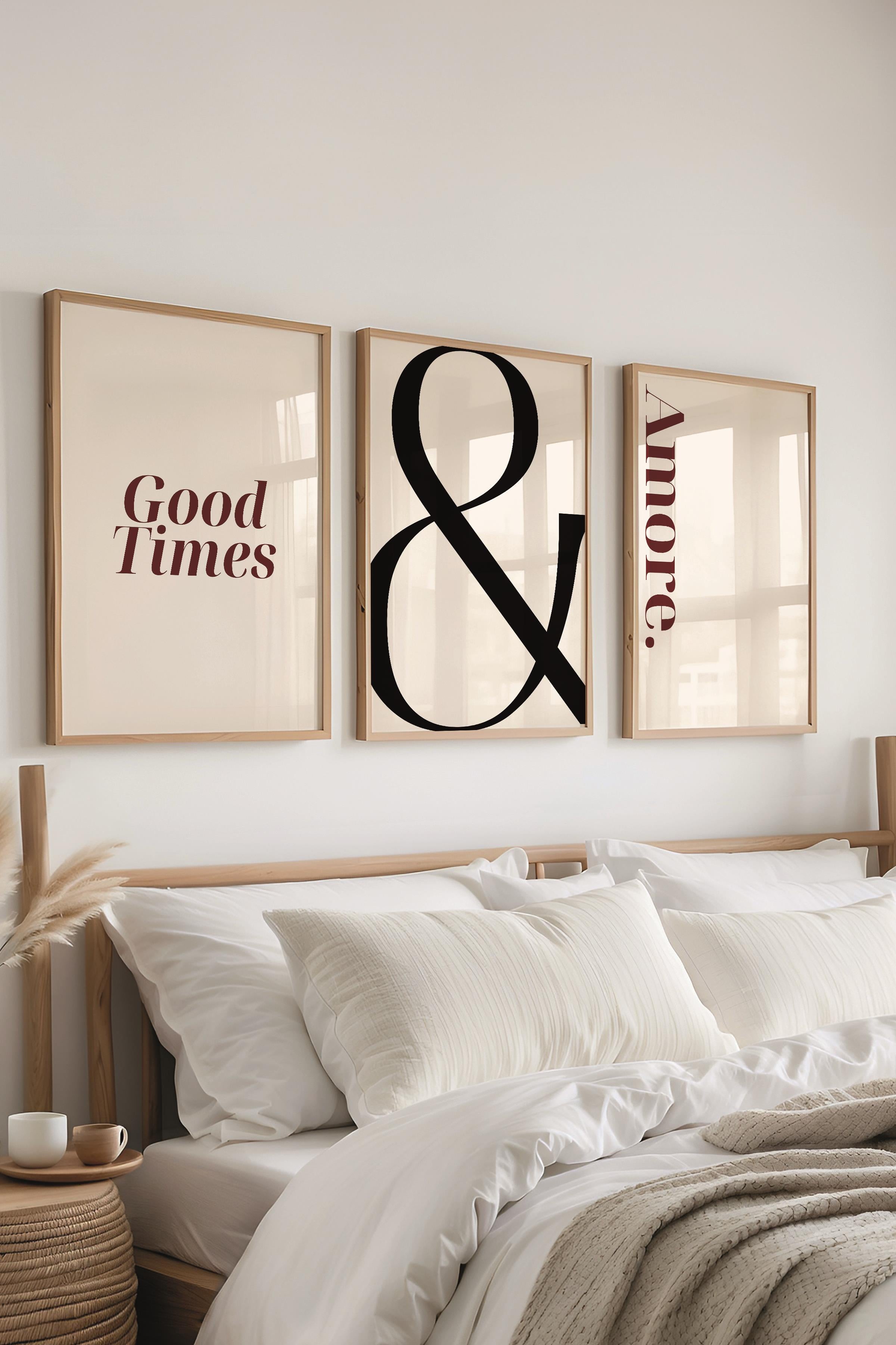 Soft Bej Tablo Seti, 3 Adet Ahşap Çerçeve ve Poster - Sonsuzluk, Amore ve Good Times Duvar Dekoru