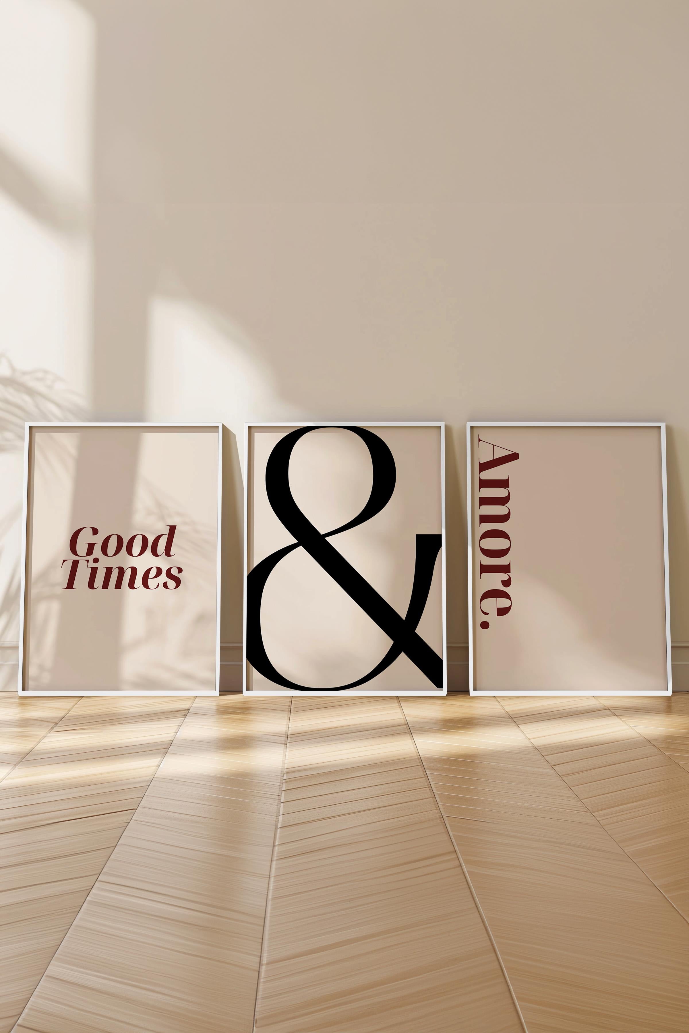 Soft Bej Tablo Seti, 3 Adet Beyaz Çerçeve ve Poster - Sonsuzluk, Amore ve Good Times Duvar Dekoru