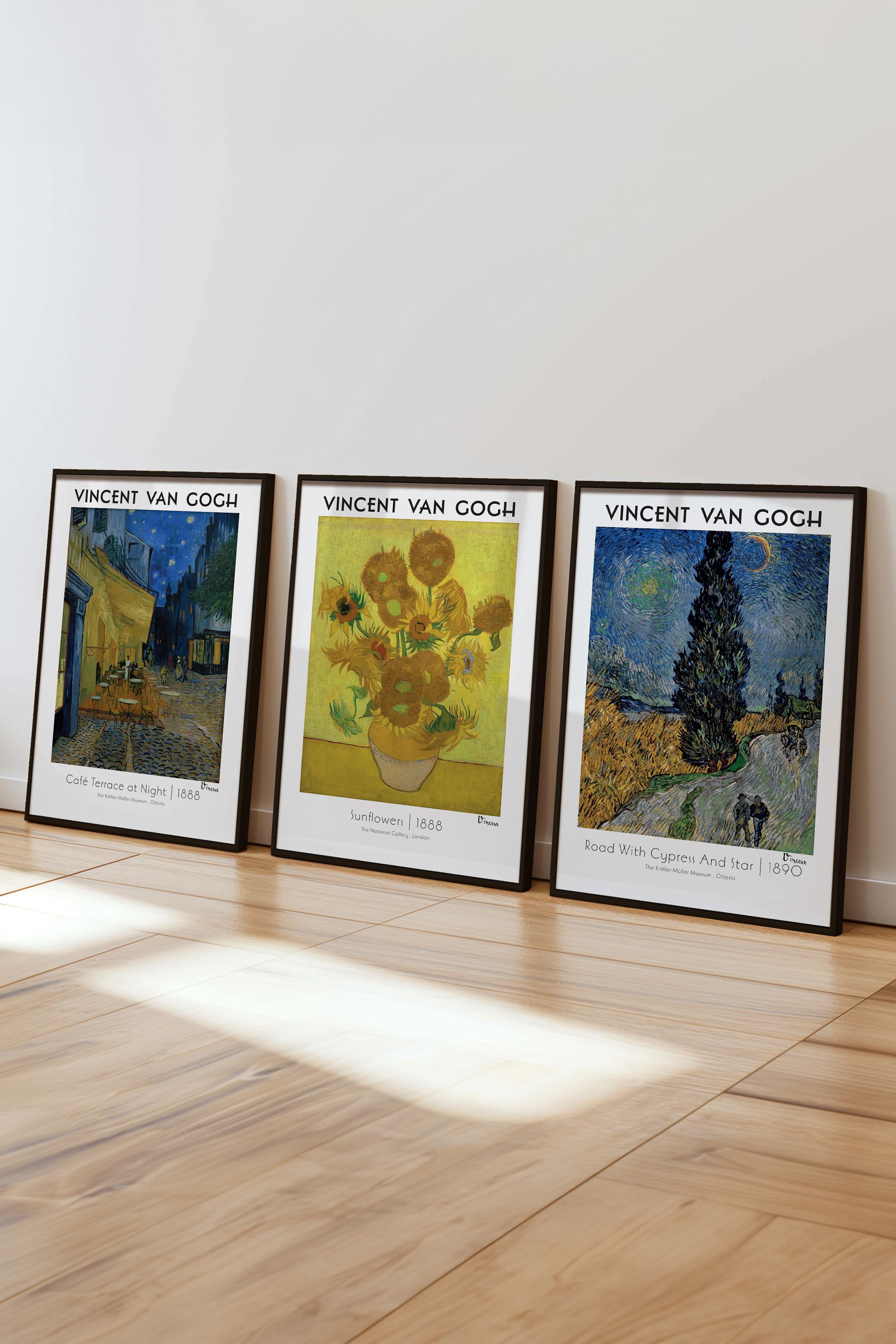Van Gogh Tablo Seti, 3 Adet Siyah Çerçeve ve Sanat Serisi Poster - Yatak Odası, Mutfak, Salon Dekoru