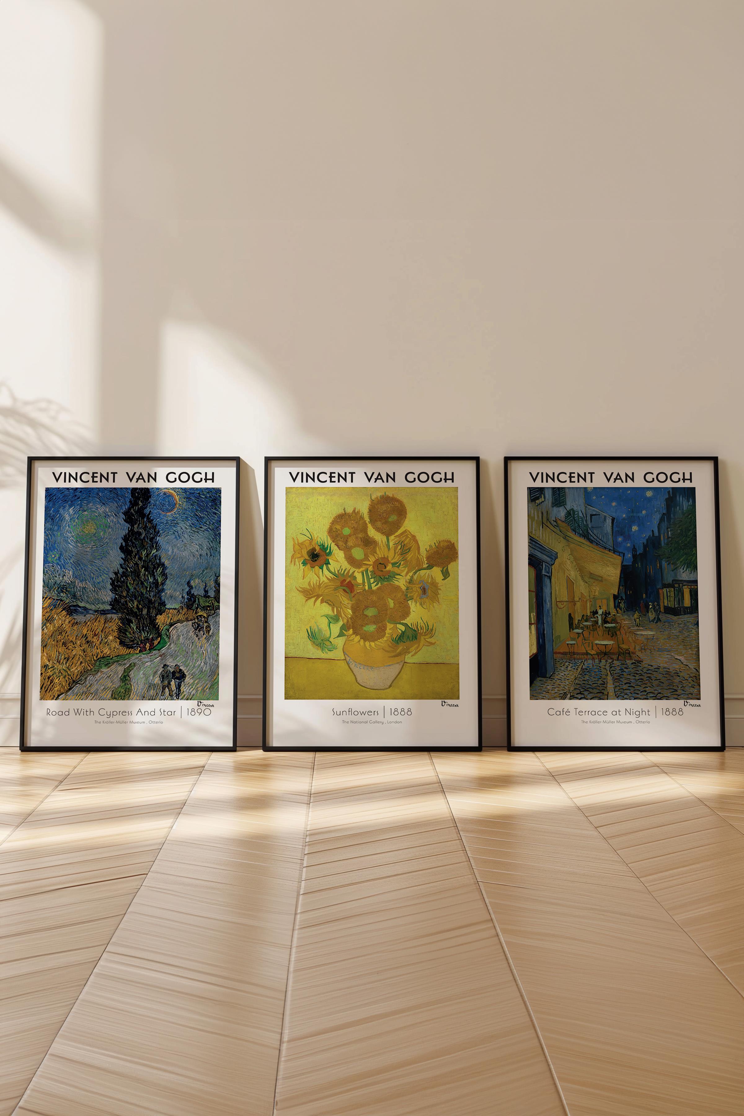 Van Gogh Tablo Seti, 3 Adet Siyah Çerçeve ve Sanat Serisi Poster - Yatak Odası, Mutfak, Salon Dekoru
