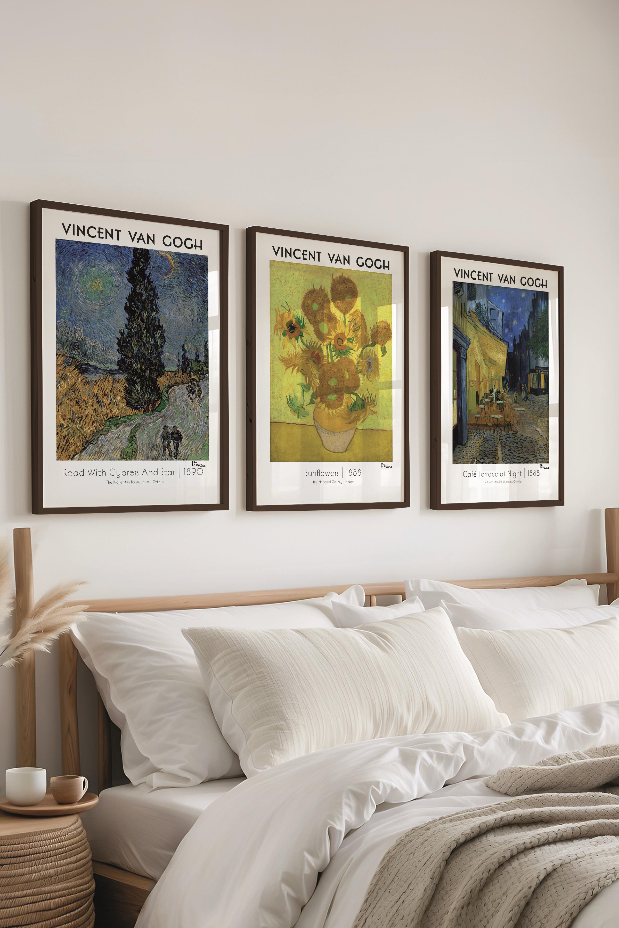 Van Gogh Tablo Seti, 3 Adet Siyah Çerçeve ve Sanat Serisi Poster - Yatak Odası, Mutfak, Salon Dekoru