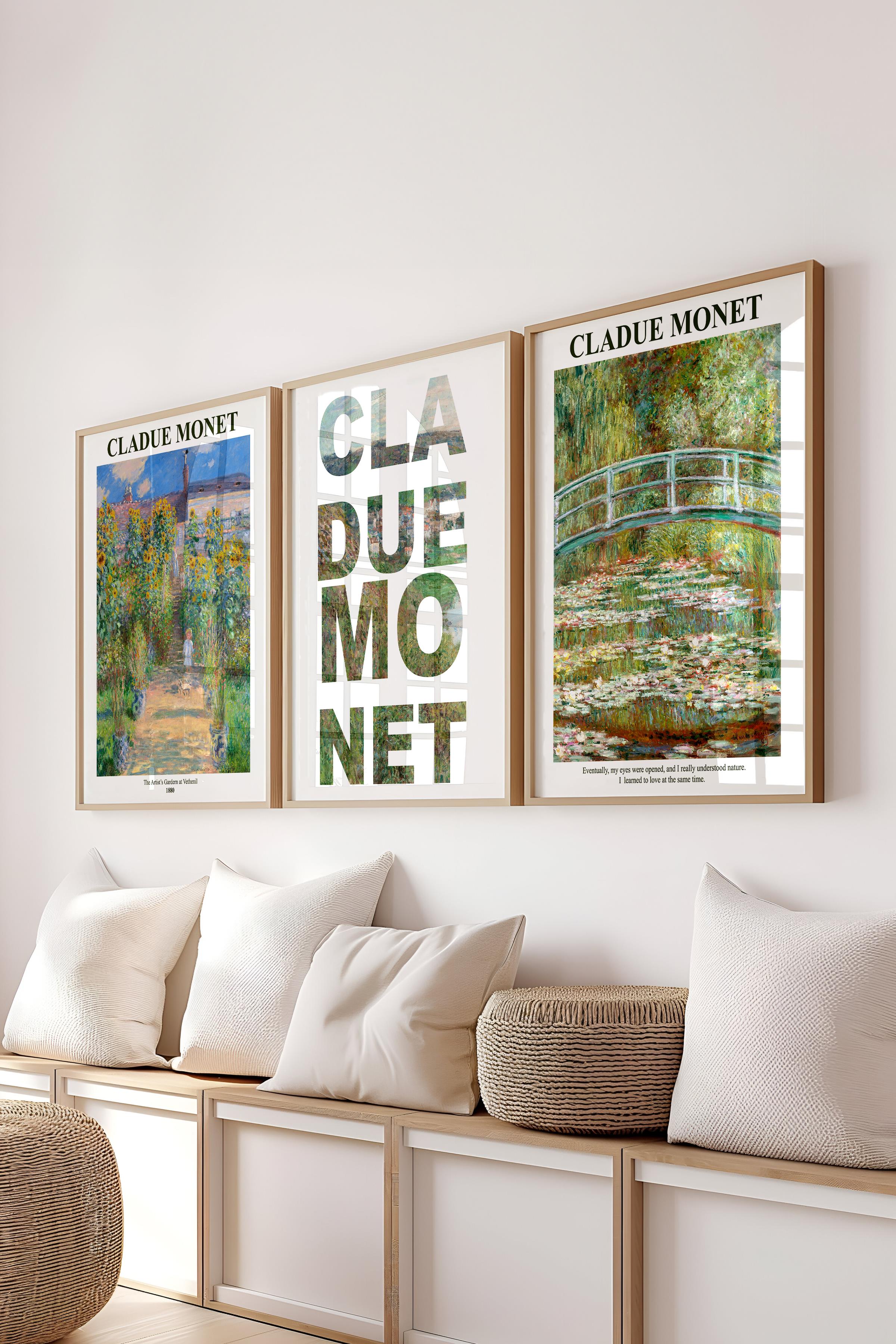 Monet Tablo Seti, 3 Adet Ahşap Çerçeve ve Sanat Serisi Poster - Yatak Odası, Mutfak, Salon Dekoru