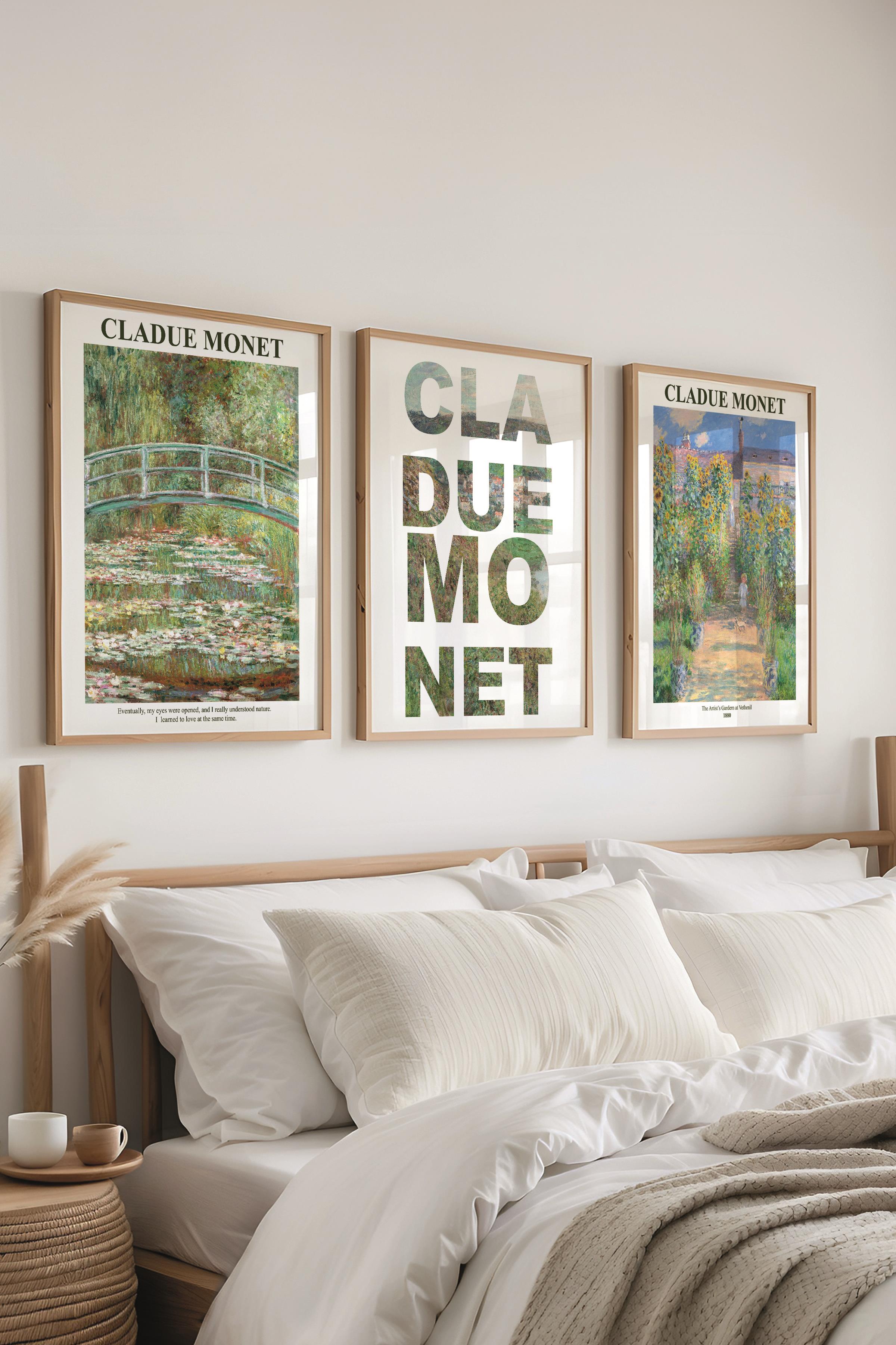 Monet Tablo Seti, 3 Adet Ahşap Çerçeve ve Sanat Serisi Poster - Yatak Odası, Mutfak, Salon Dekoru
