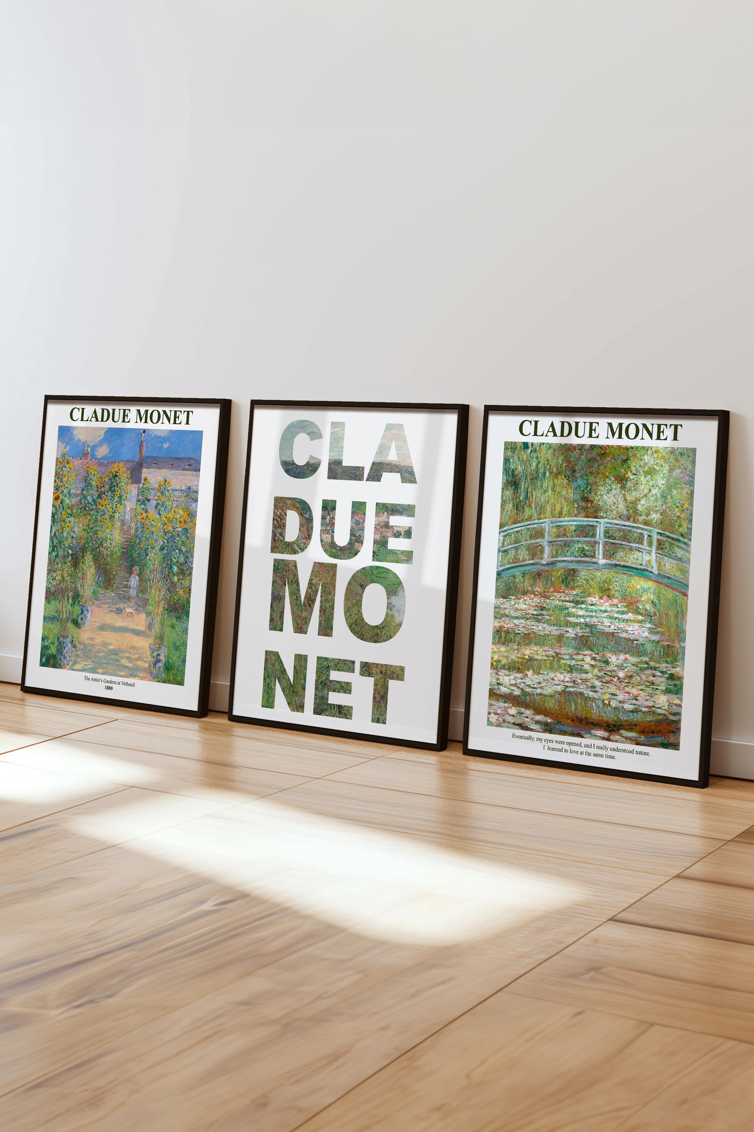 Monet Tablo Seti, 3 Adet Siyah Çerçeve ve Sanat Serisi Poster - Yatak Odası, Mutfak, Salon Dekoru