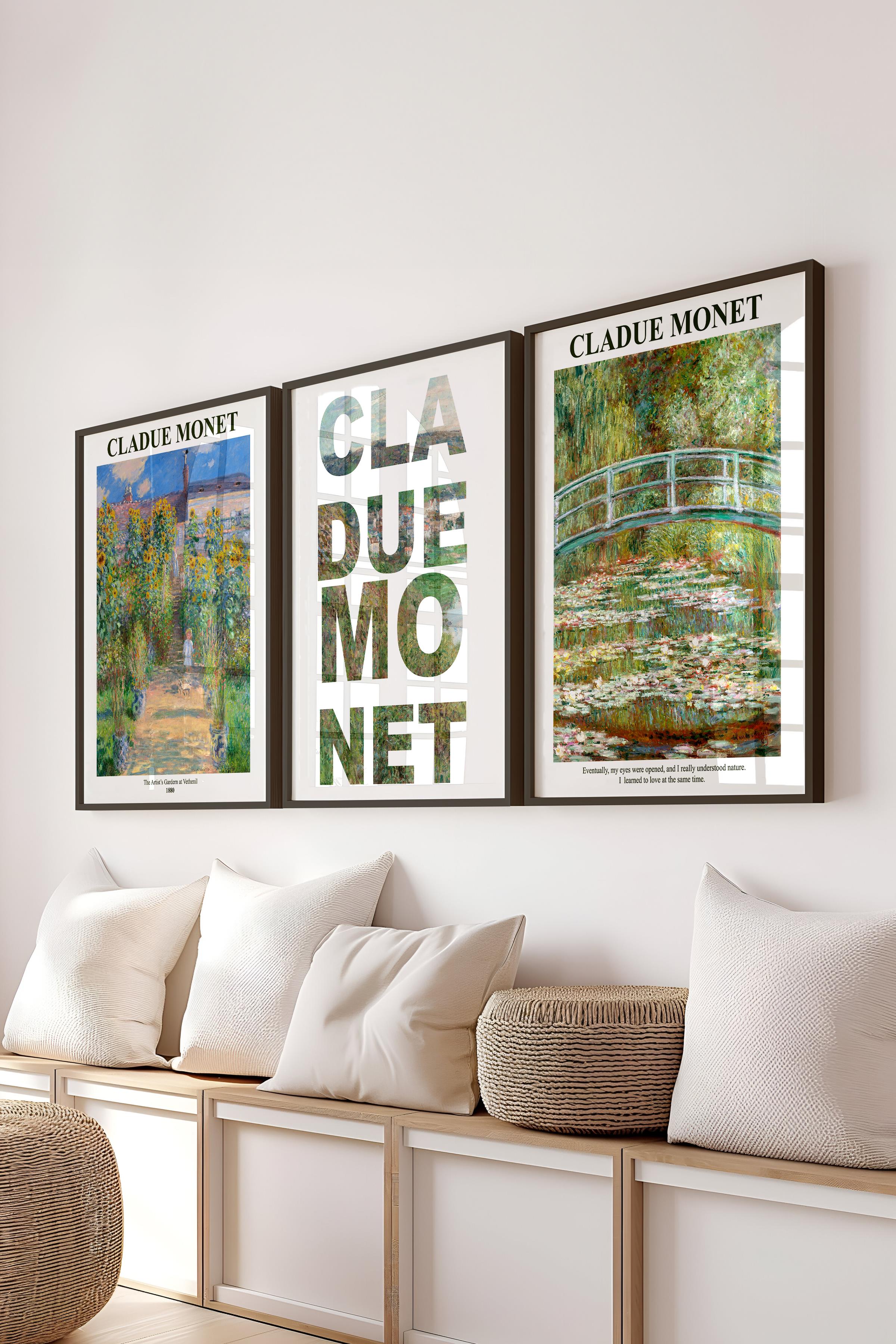 Monet Tablo Seti, 3 Adet Siyah Çerçeve ve Sanat Serisi Poster - Yatak Odası, Mutfak, Salon Dekoru