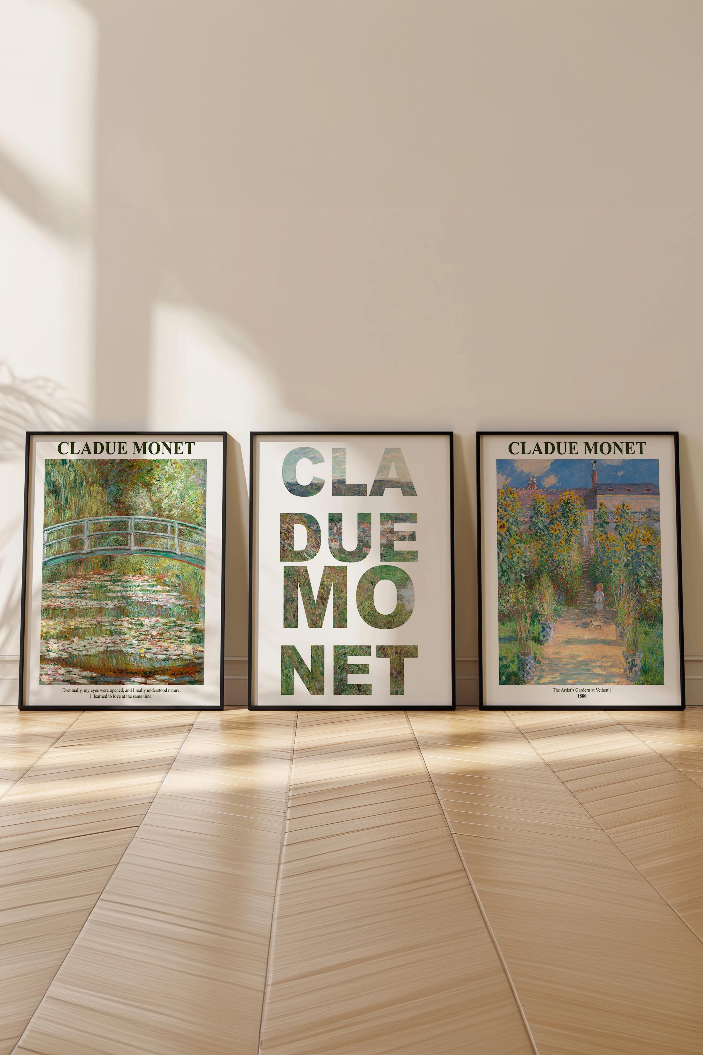 Monet Tablo Seti, 3 Adet Siyah Çerçeve ve Sanat Serisi Poster - Yatak Odası, Mutfak, Salon Dekoru