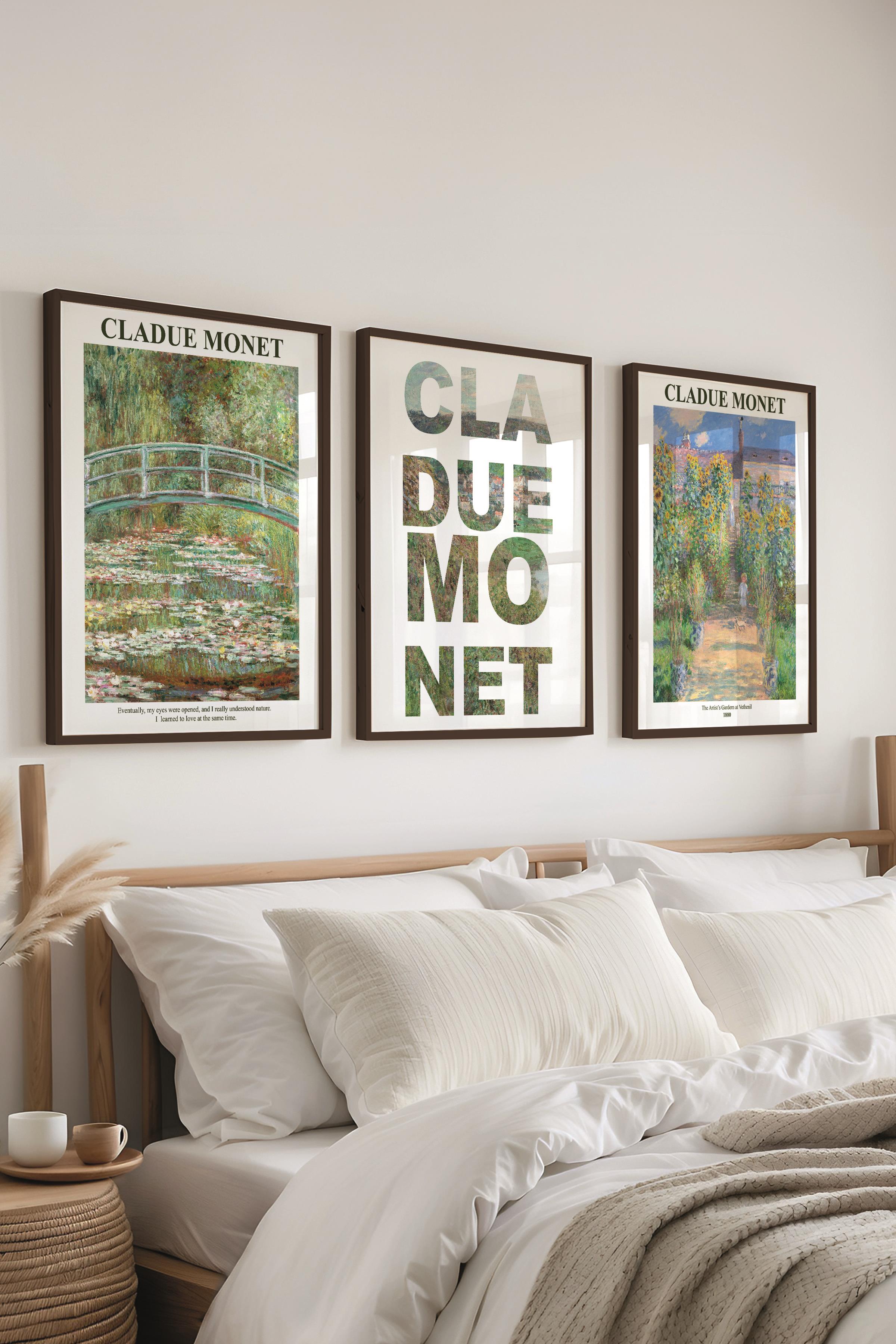 Monet Tablo Seti, 3 Adet Siyah Çerçeve ve Sanat Serisi Poster - Yatak Odası, Mutfak, Salon Dekoru