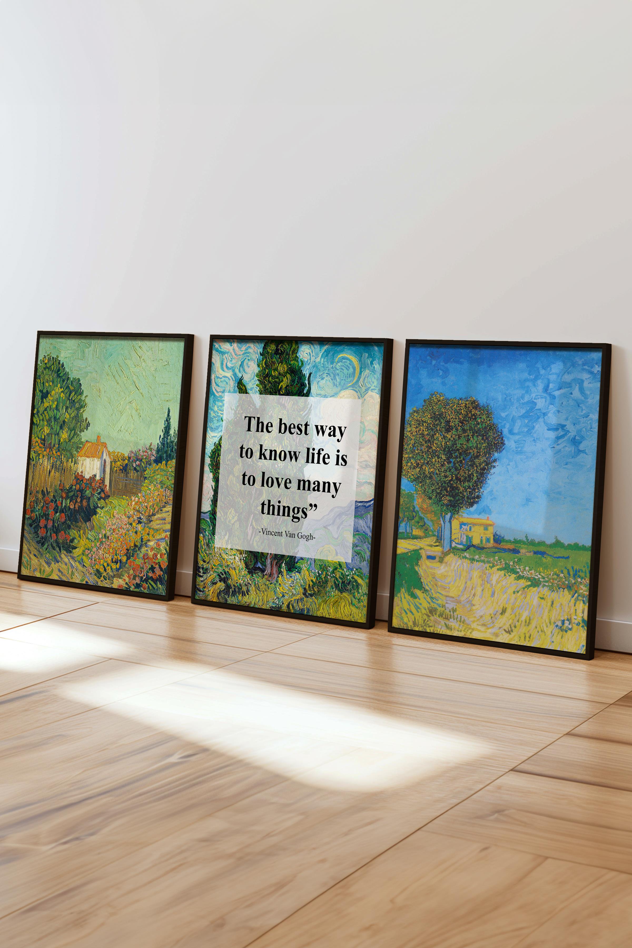 Van Gogh Tablo Seti, 3 Adet Siyah Çerçeve ve Sanat Serisi Poster - Yatak Odası, Mutfak, Salon Dekoru