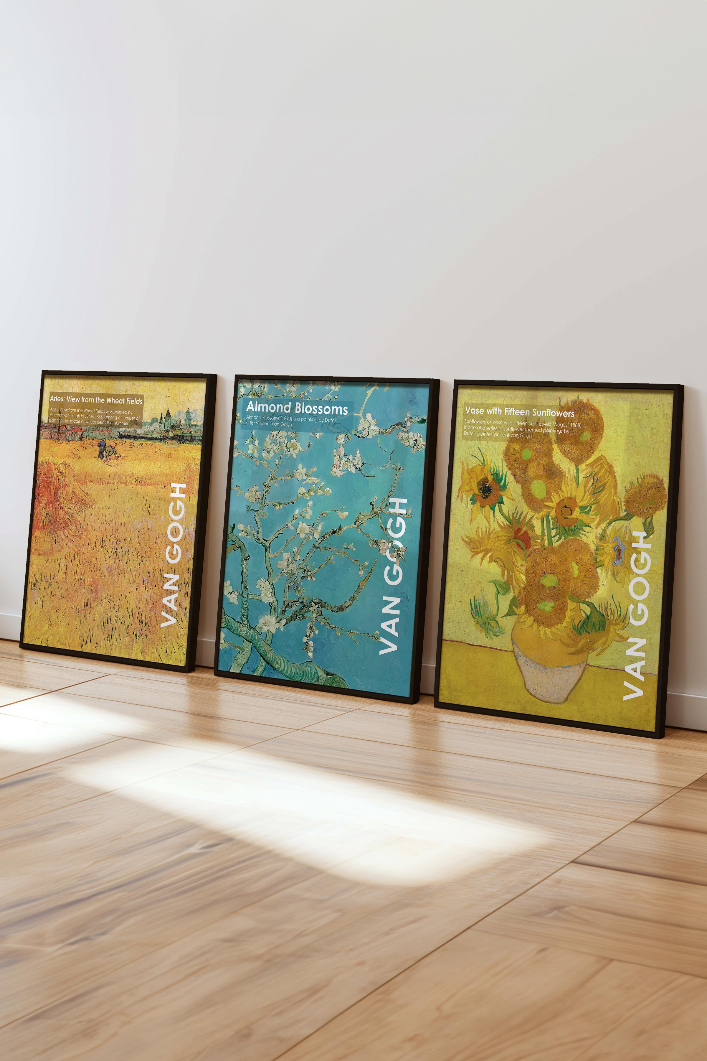 Van Gogh Tablo Seti, 3 Adet Siyah Çerçeve ve Sanat Serisi Poster - Yatak Odası, Mutfak, Salon Dekoru