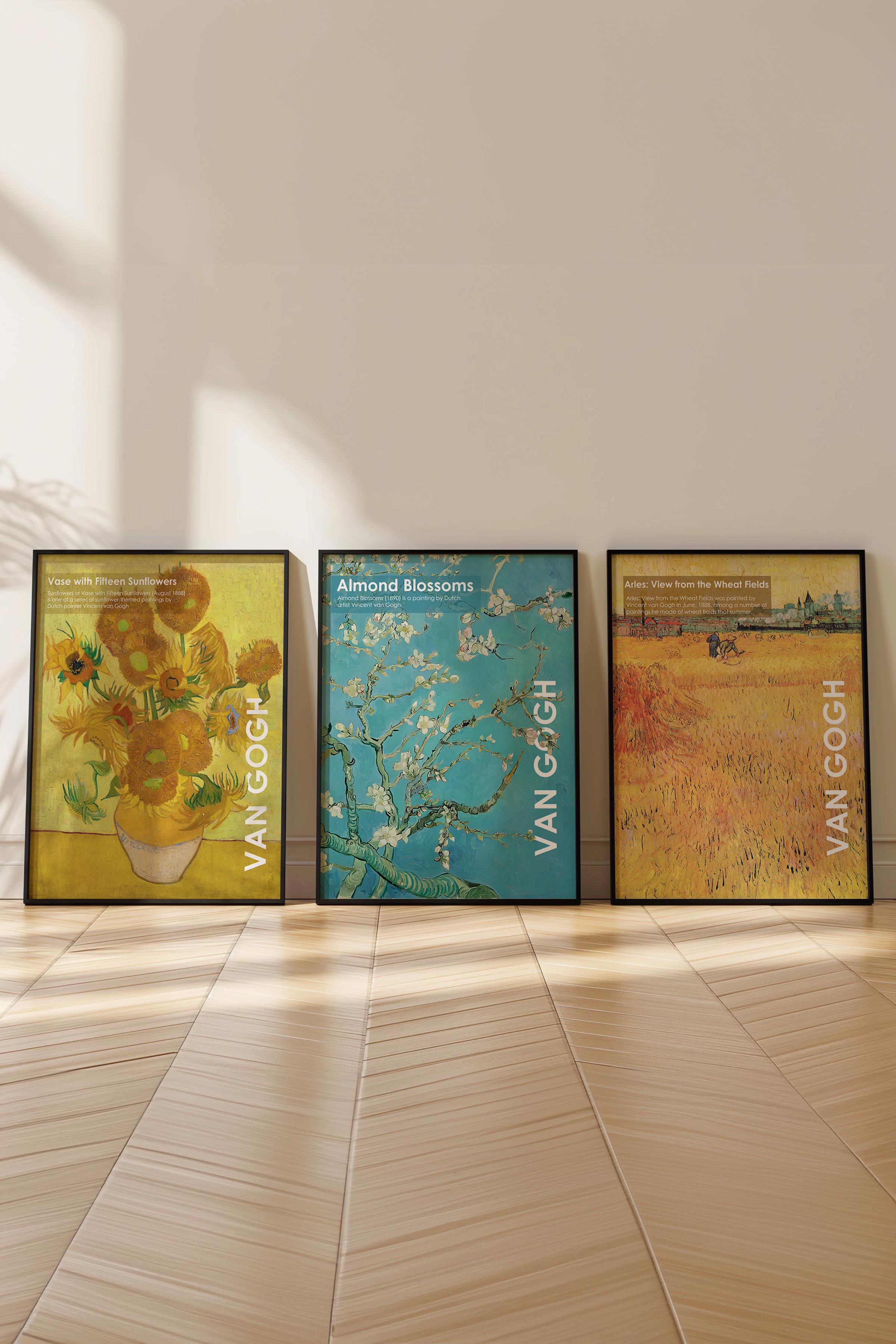 Van Gogh Tablo Seti, 3 Adet Siyah Çerçeve ve Sanat Serisi Poster - Yatak Odası, Mutfak, Salon Dekoru