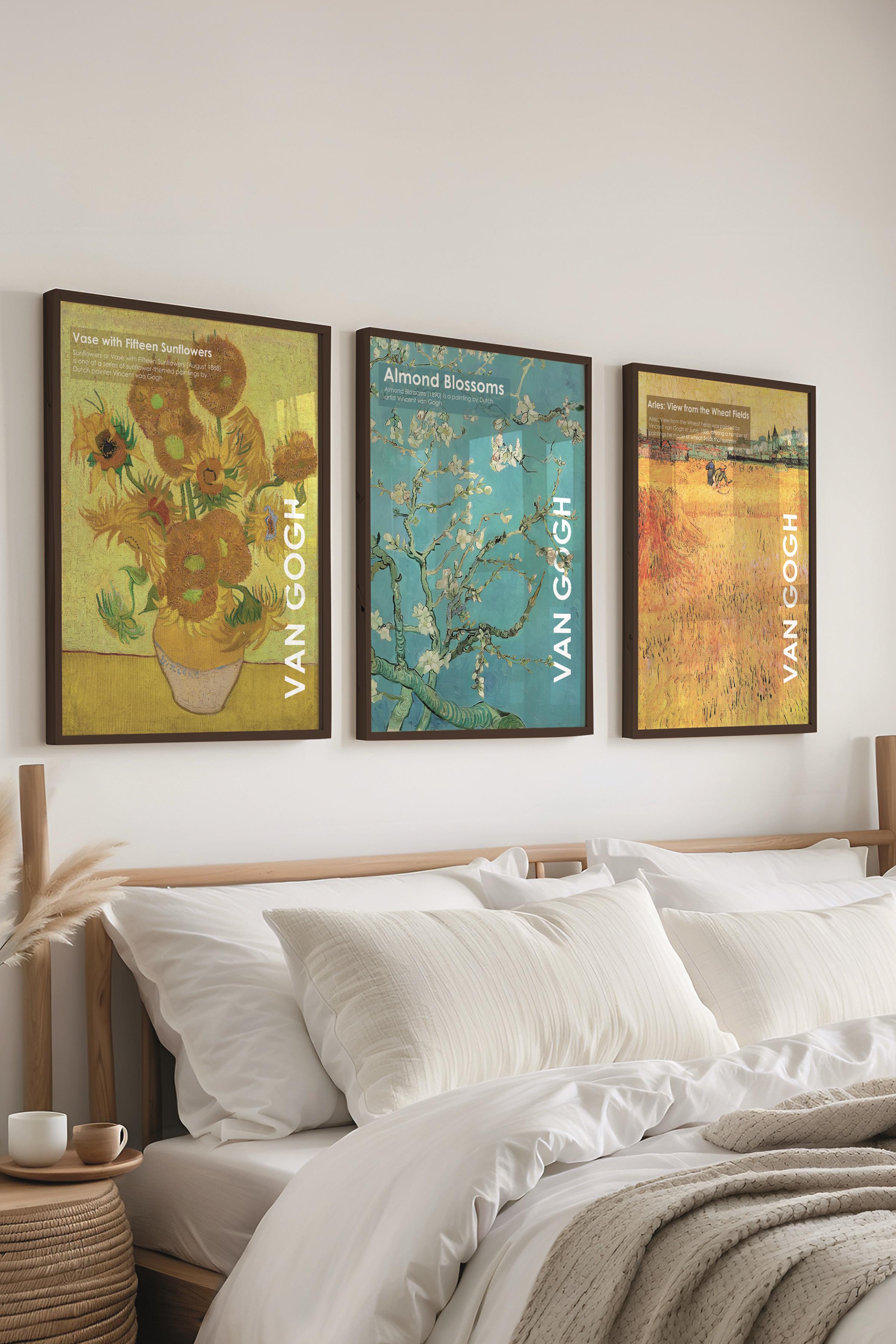 Van Gogh Tablo Seti, 3 Adet Siyah Çerçeve ve Sanat Serisi Poster - Yatak Odası, Mutfak, Salon Dekoru