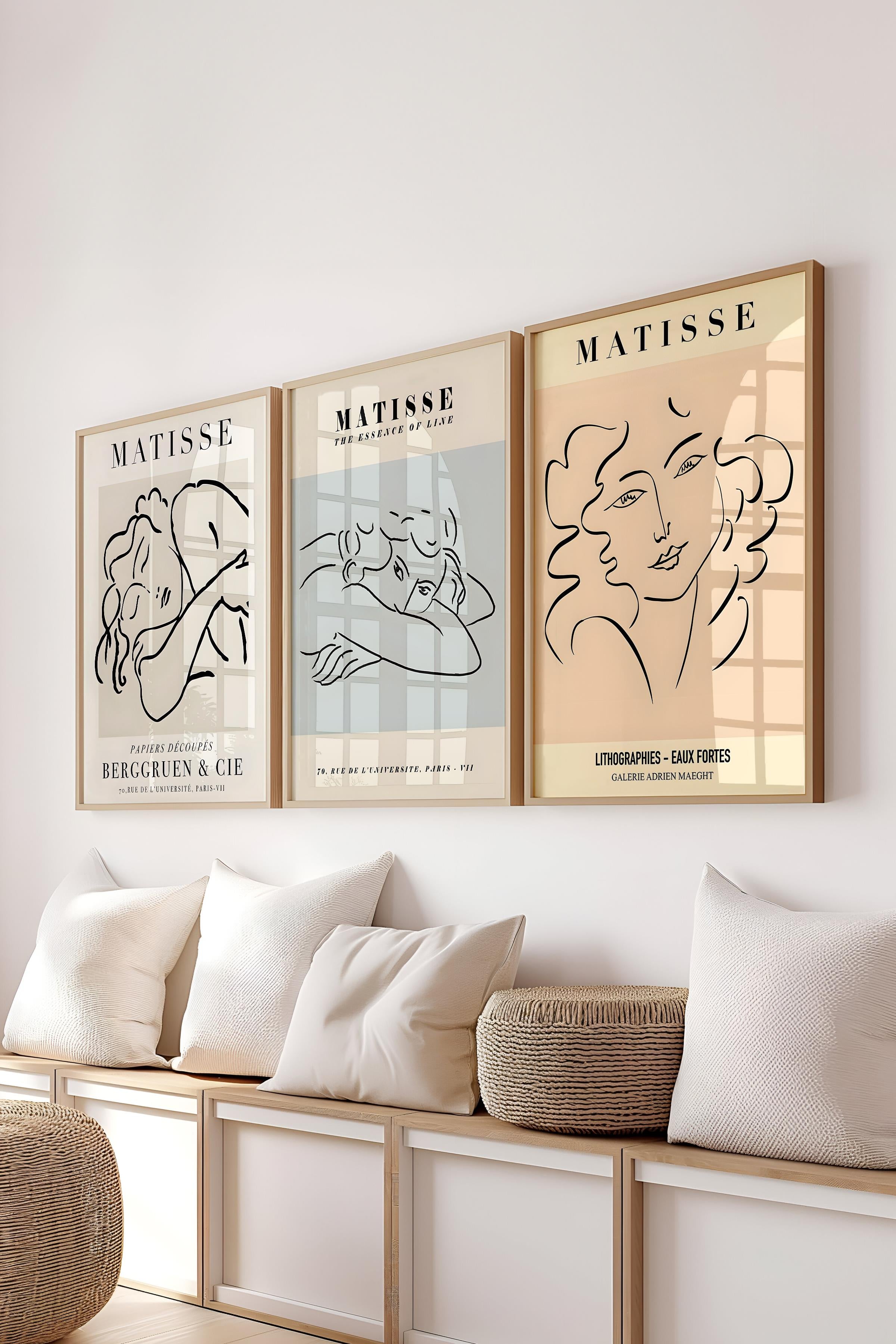 Matisse Tablo Seti, 3 Adet Ahşap Çerçeve ve Sanat Serisi Poster - Yatak Odası, Mutfak, Salon Dekoru