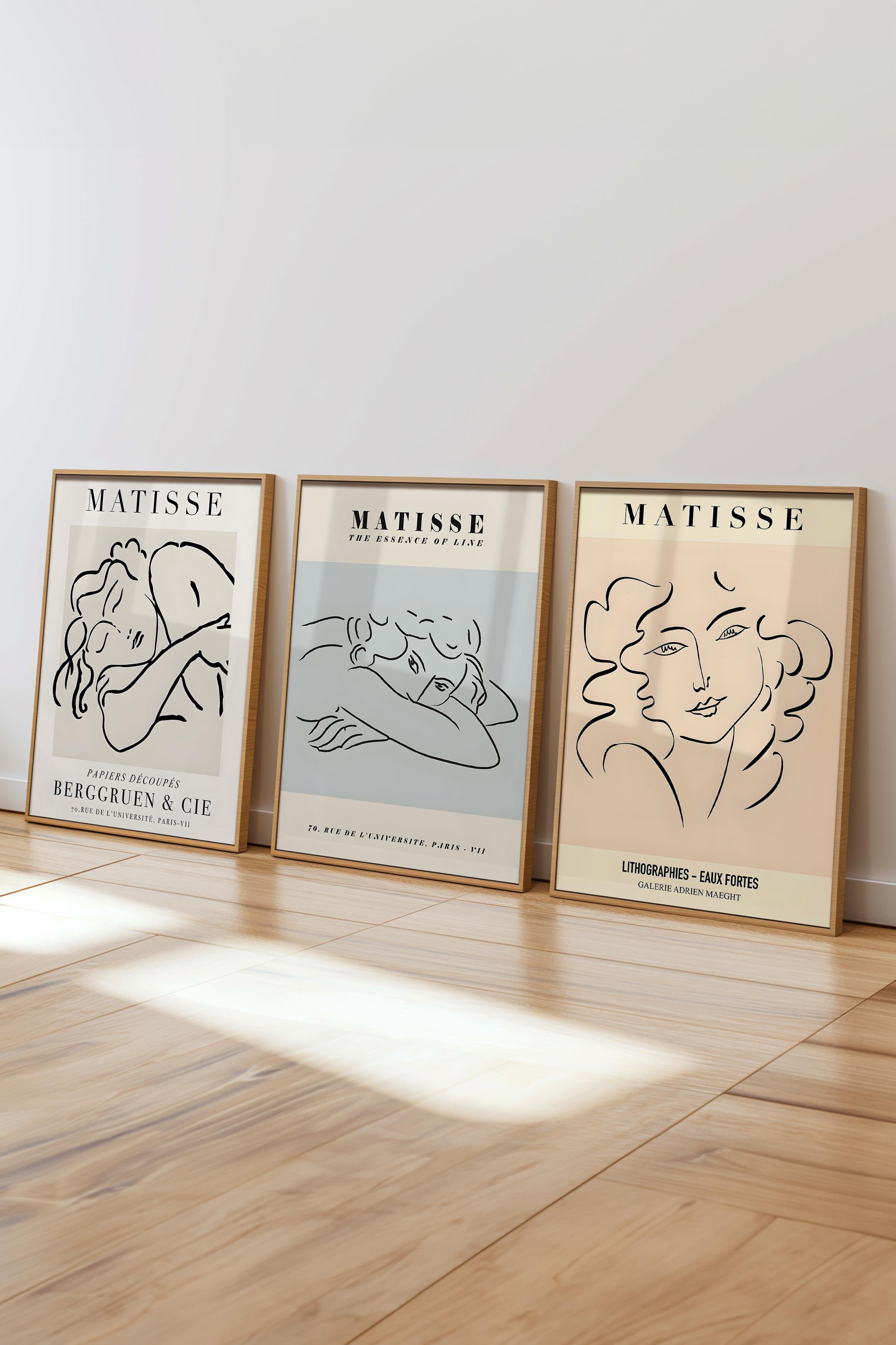 Matisse Tablo Seti, 3 Adet Ahşap Çerçeve ve Sanat Serisi Poster - Yatak Odası, Mutfak, Salon Dekoru