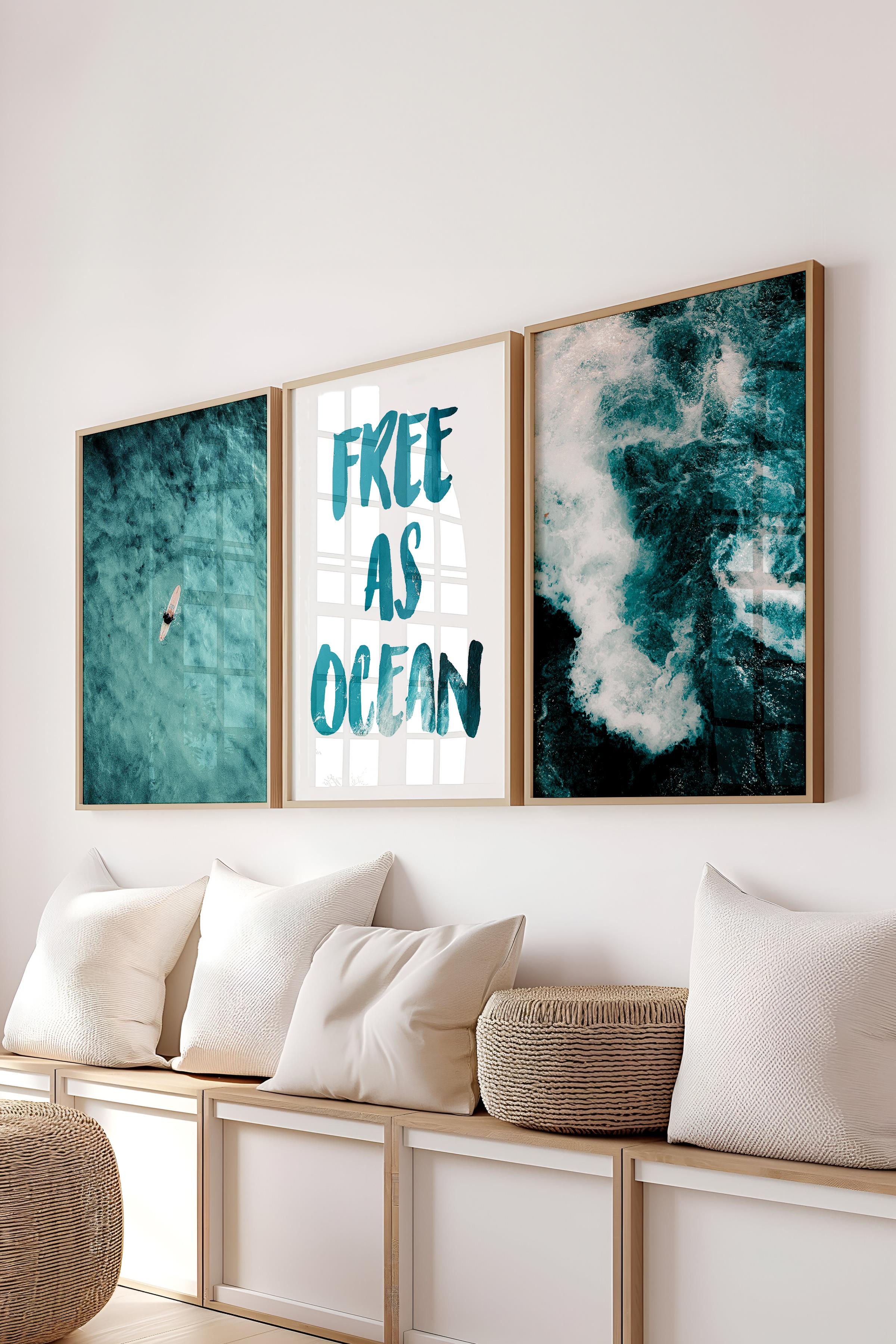 Soft Mavi Tablo Seti, 3 Adet Ahşap Çerçeve ve Yaz Poster - Yatak Odası, Mutfak, Salon Duvar Dekoru