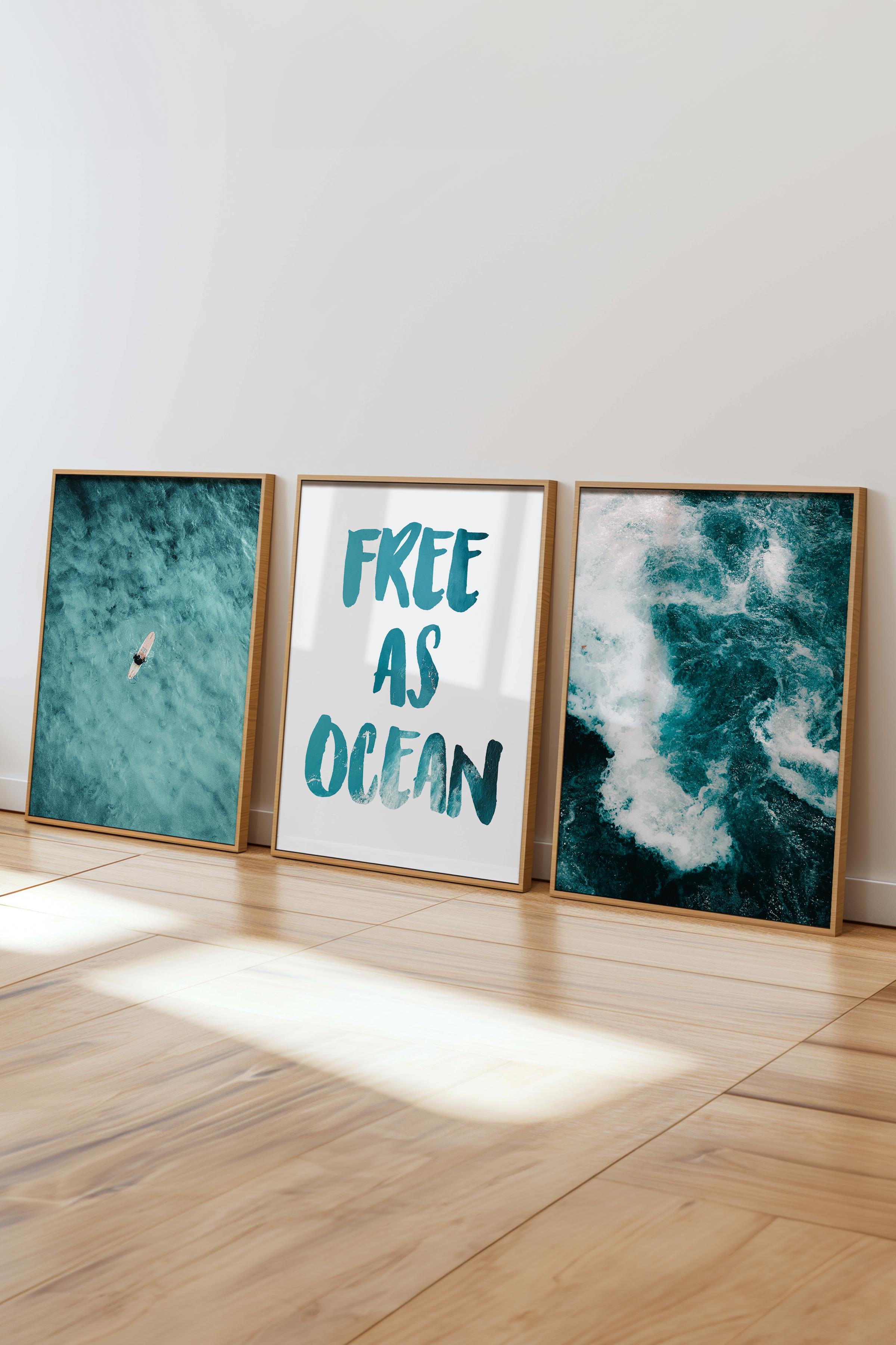 Soft Mavi Tablo Seti, 3 Adet Ahşap Çerçeve ve Yaz Poster - Yatak Odası, Mutfak, Salon Duvar Dekoru