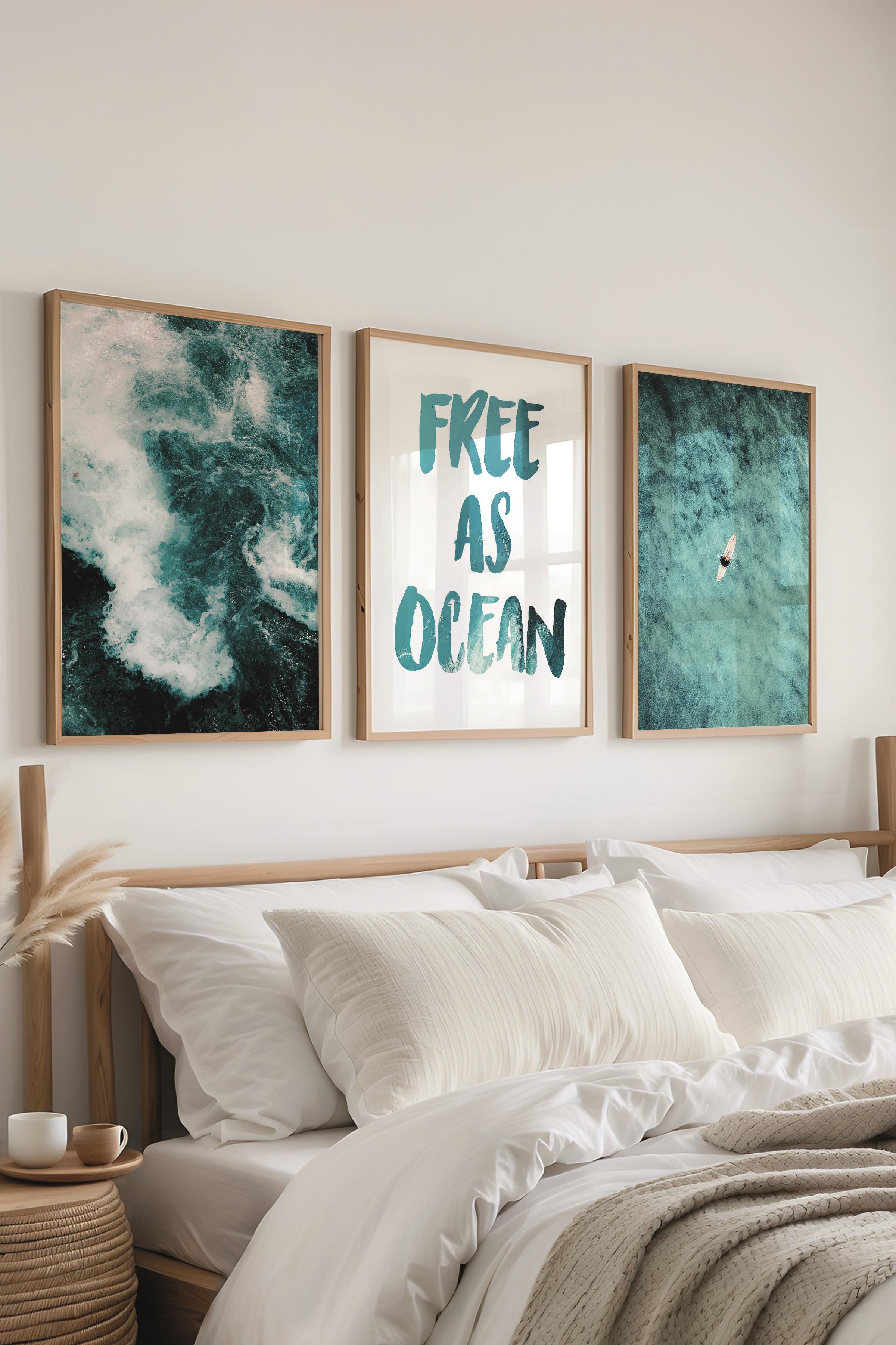 Soft Mavi Tablo Seti, 3 Adet Ahşap Çerçeve ve Yaz Poster - Yatak Odası, Mutfak, Salon Duvar Dekoru