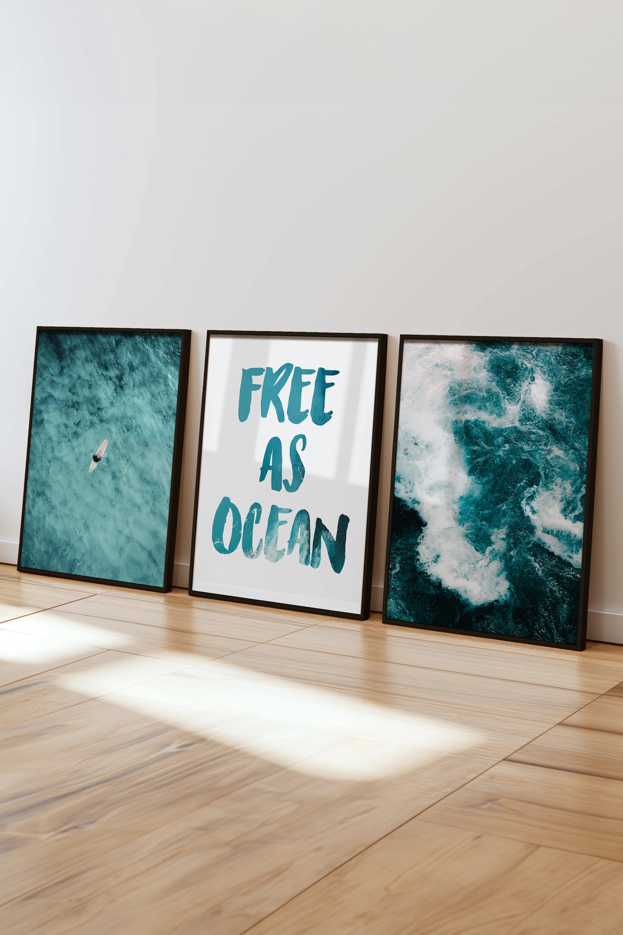 Soft Mavi Tablo Seti, 3 Adet Siyah Çerçeve ve Yaz Poster - Yatak Odası, Mutfak, Salon Duvar Dekoru