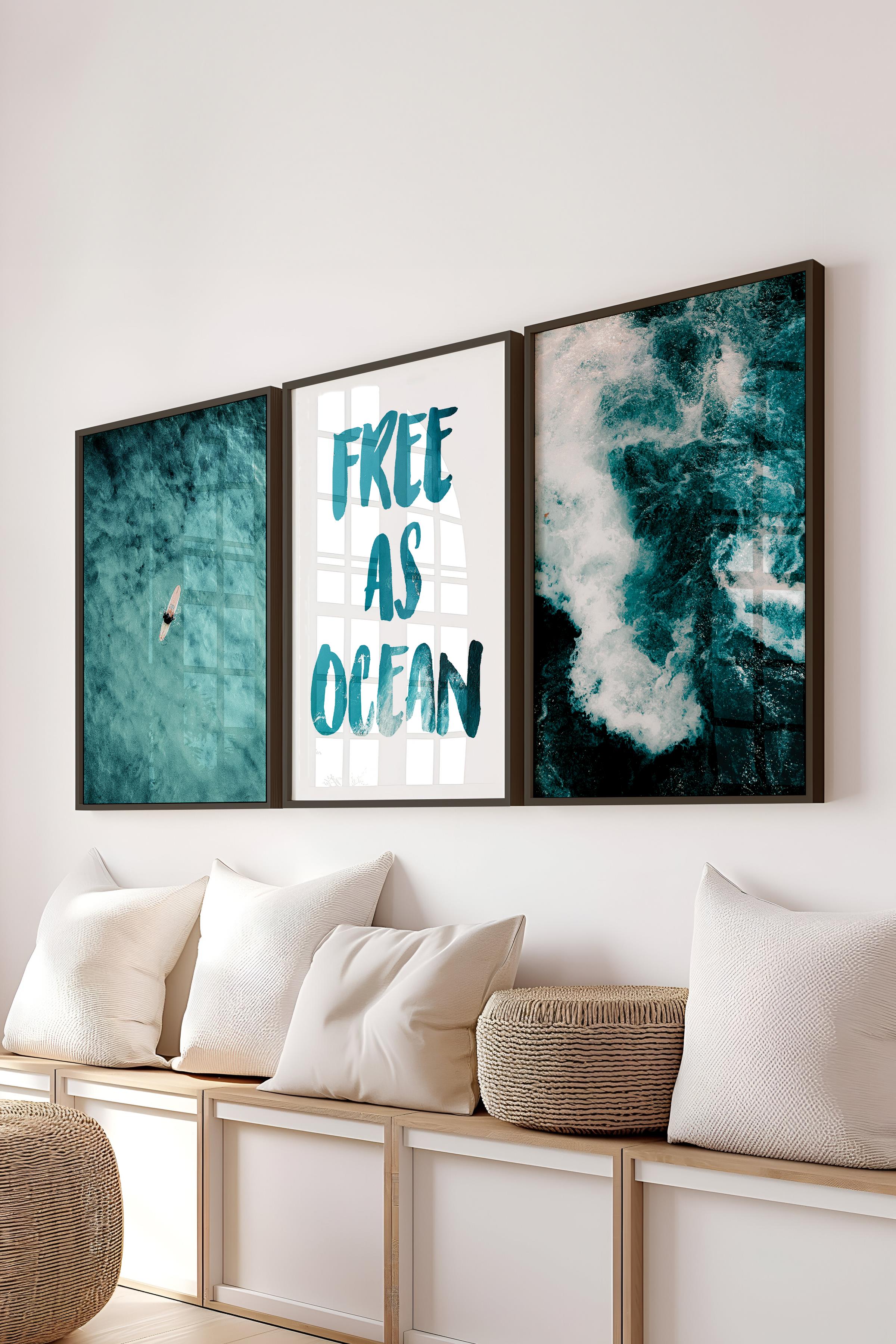 Soft Mavi Tablo Seti, 3 Adet Siyah Çerçeve ve Yaz Poster - Yatak Odası, Mutfak, Salon Duvar Dekoru