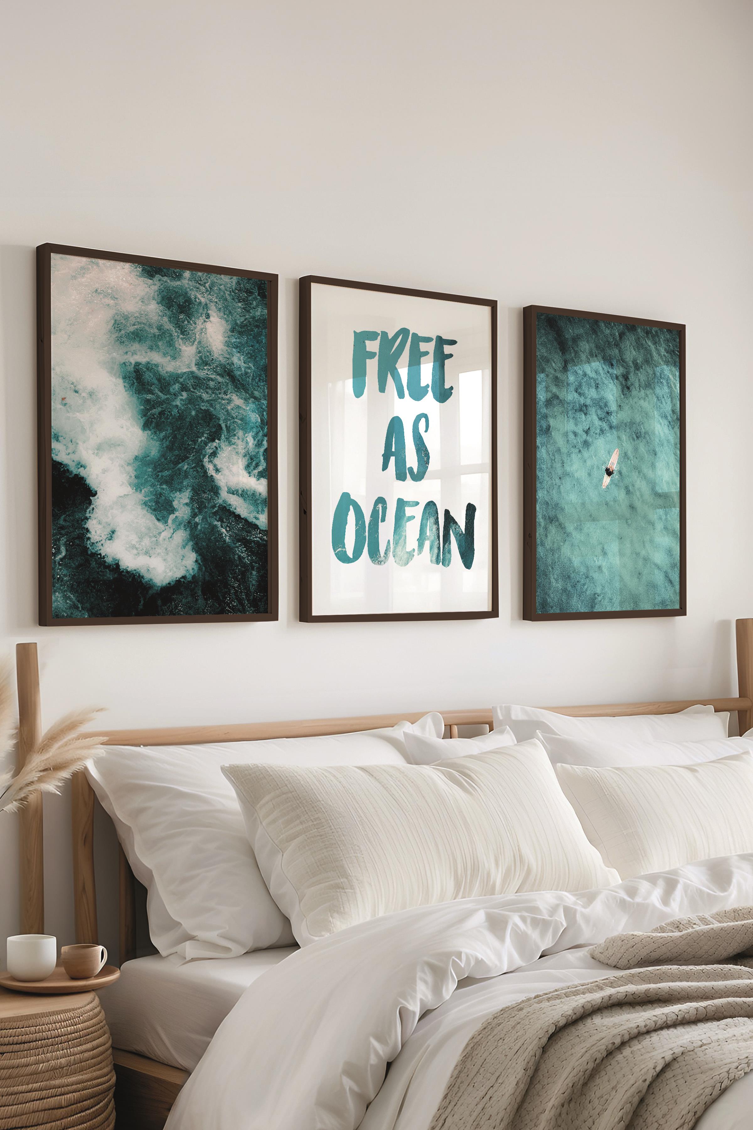 Soft Mavi Tablo Seti, 3 Adet Siyah Çerçeve ve Yaz Poster - Yatak Odası, Mutfak, Salon Duvar Dekoru