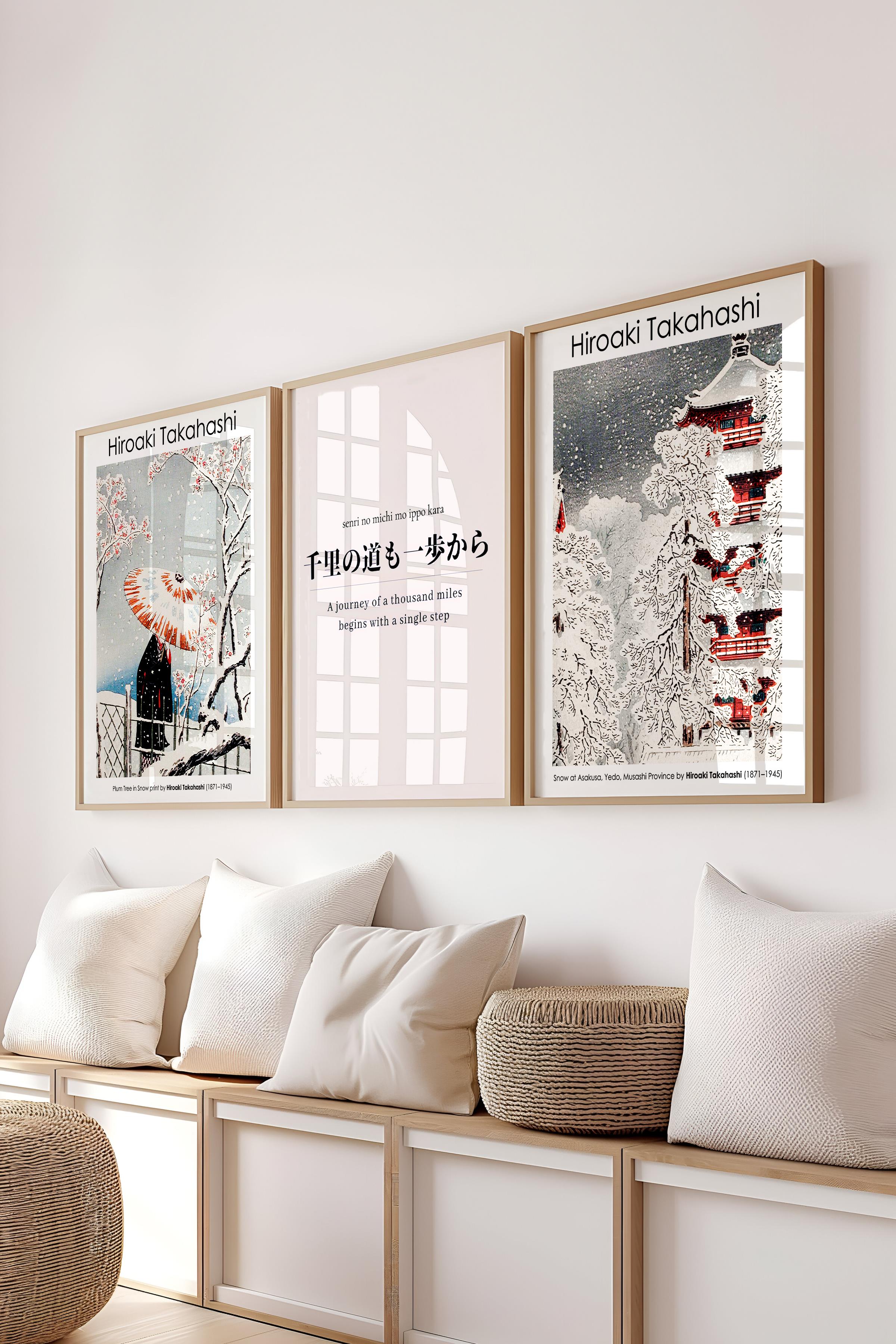 Japon Sanatı Tablo Seti, 3 Adet Ahşap Çerçeve ve Hokusai Poster - Yatak Odası, Mutfak, Salon Dekoru