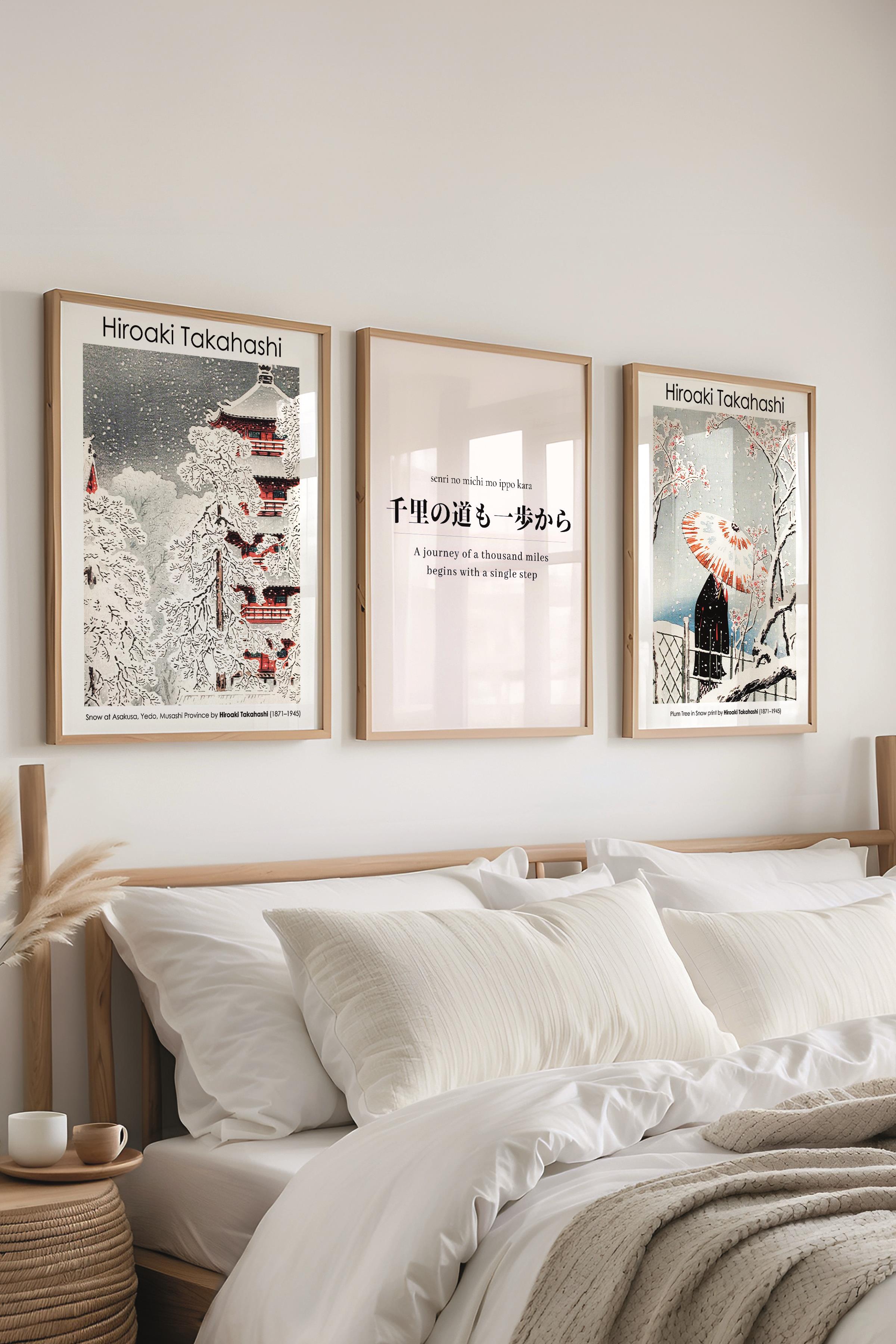 Japon Sanatı Tablo Seti, 3 Adet Ahşap Çerçeve ve Hokusai Poster - Yatak Odası, Mutfak, Salon Dekoru