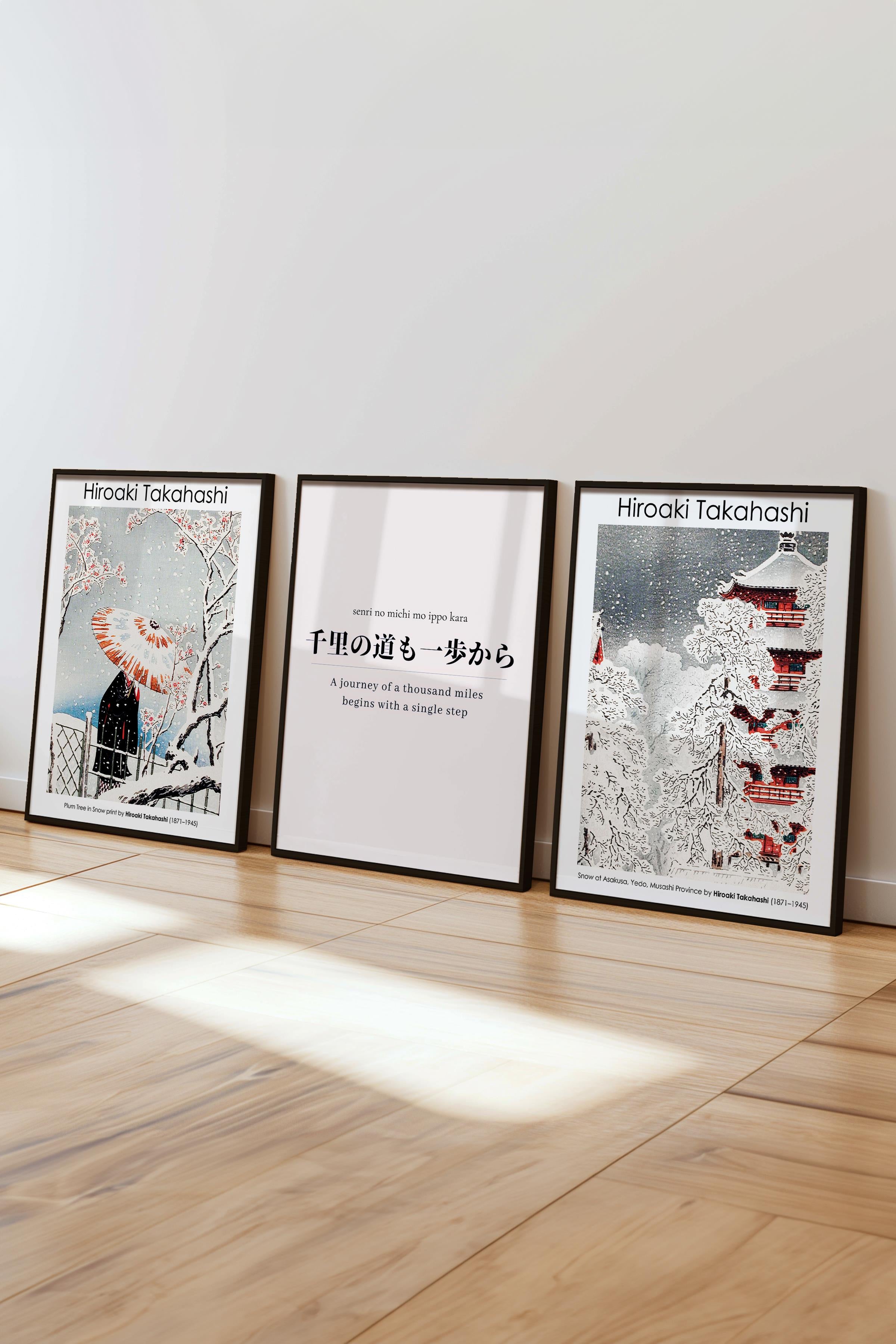 Japon Sanatı Tablo Seti, 3 Adet Siyah Çerçeve ve Hokusai Poster - Yatak Odası, Mutfak, Salon Dekoru