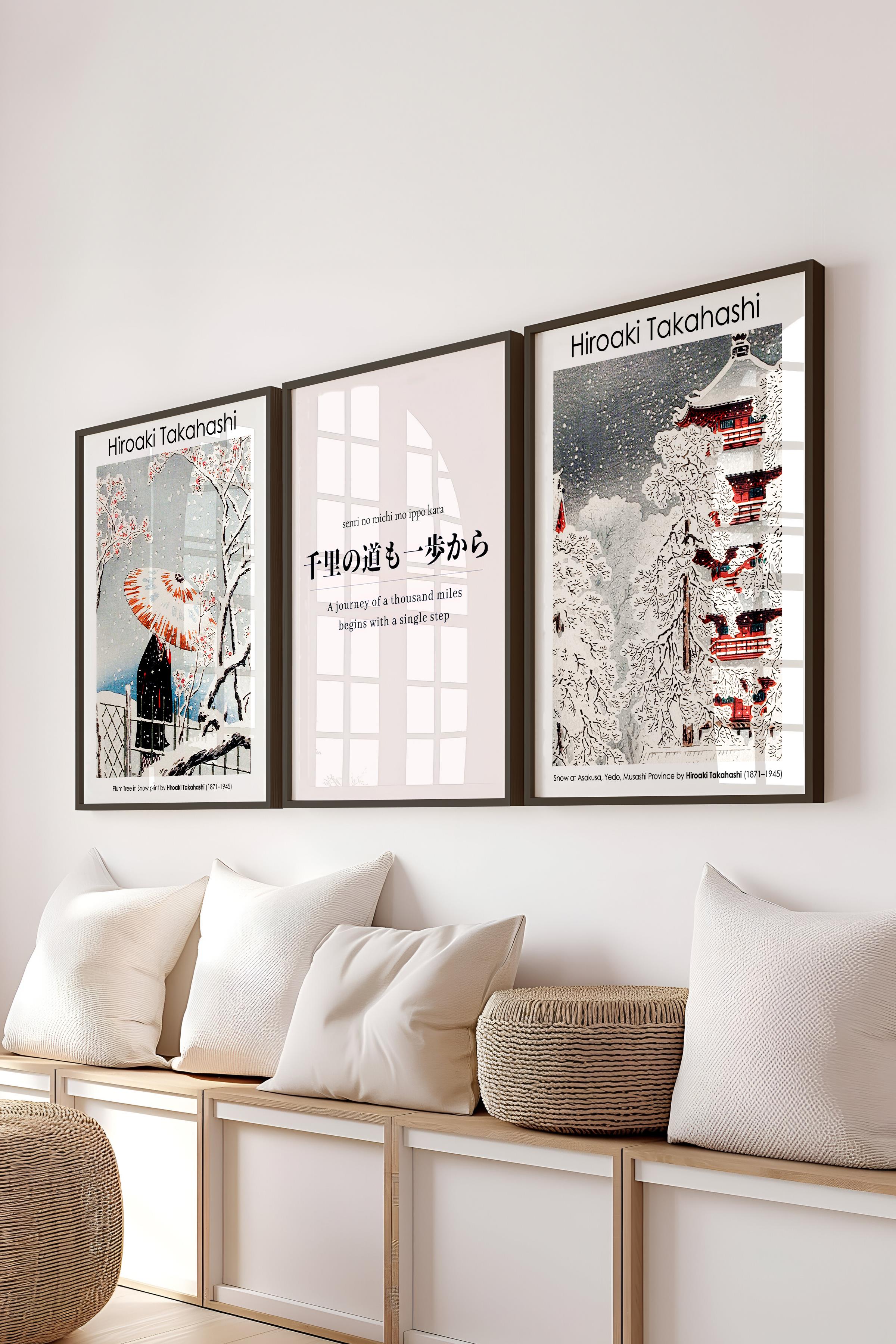 Japon Sanatı Tablo Seti, 3 Adet Siyah Çerçeve ve Hokusai Poster - Yatak Odası, Mutfak, Salon Dekoru