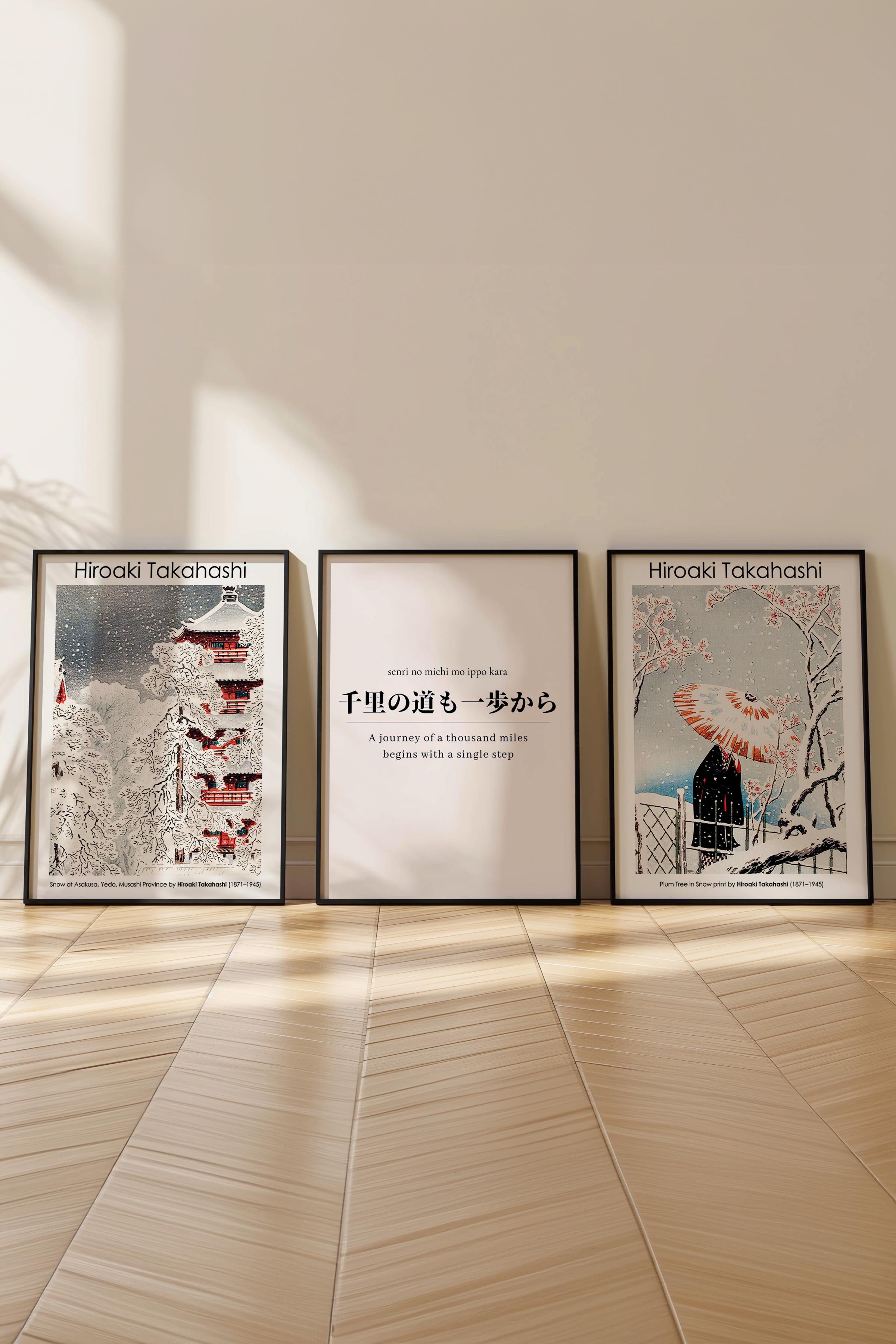 Japon Sanatı Tablo Seti, 3 Adet Siyah Çerçeve ve Hokusai Poster - Yatak Odası, Mutfak, Salon Dekoru