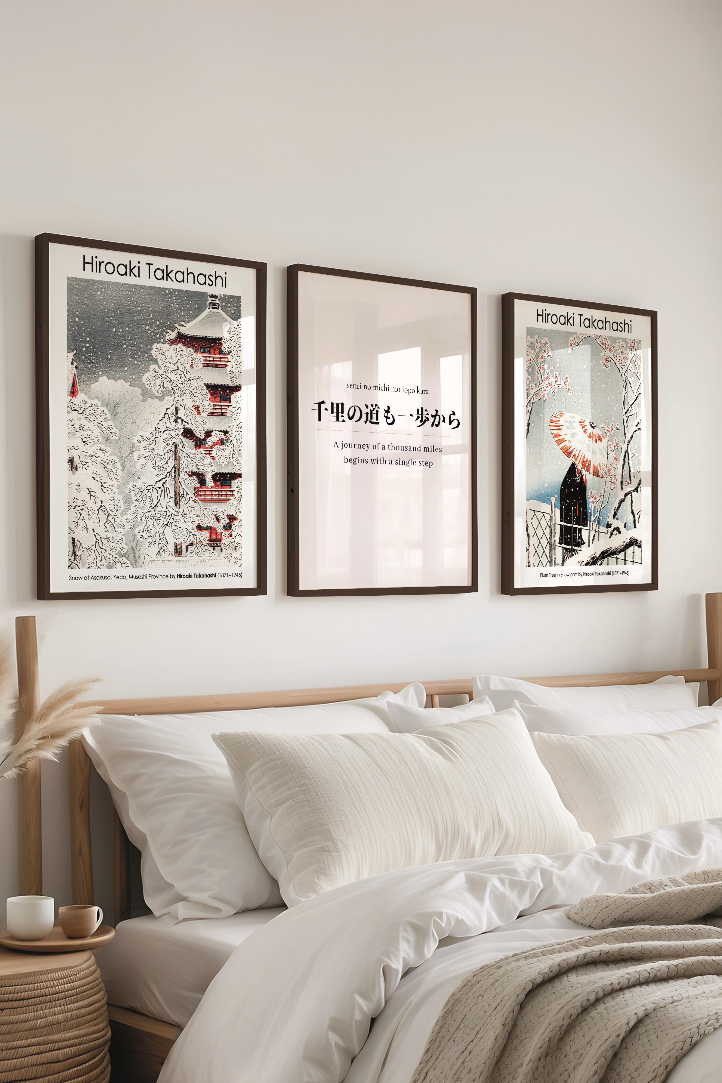 Japon Sanatı Tablo Seti, 3 Adet Siyah Çerçeve ve Hokusai Poster - Yatak Odası, Mutfak, Salon Dekoru