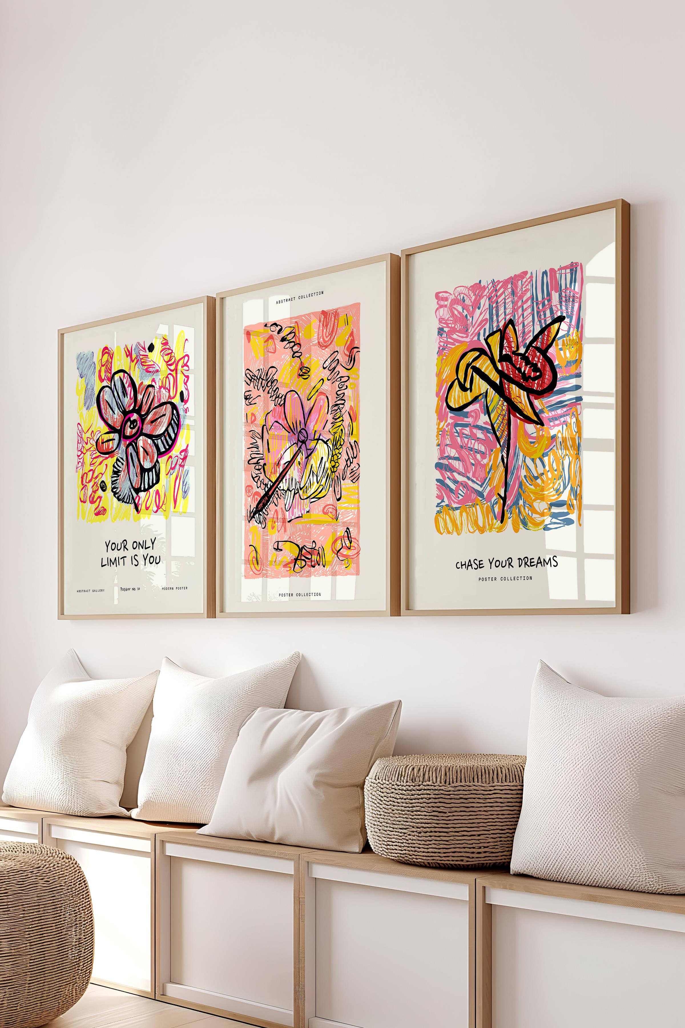 Renkli Minimalist Tablo Seti, 3 Adet Ahşap Çerçeve ve Poster - Yatak Odası, Salon, Mutfak Dekoru