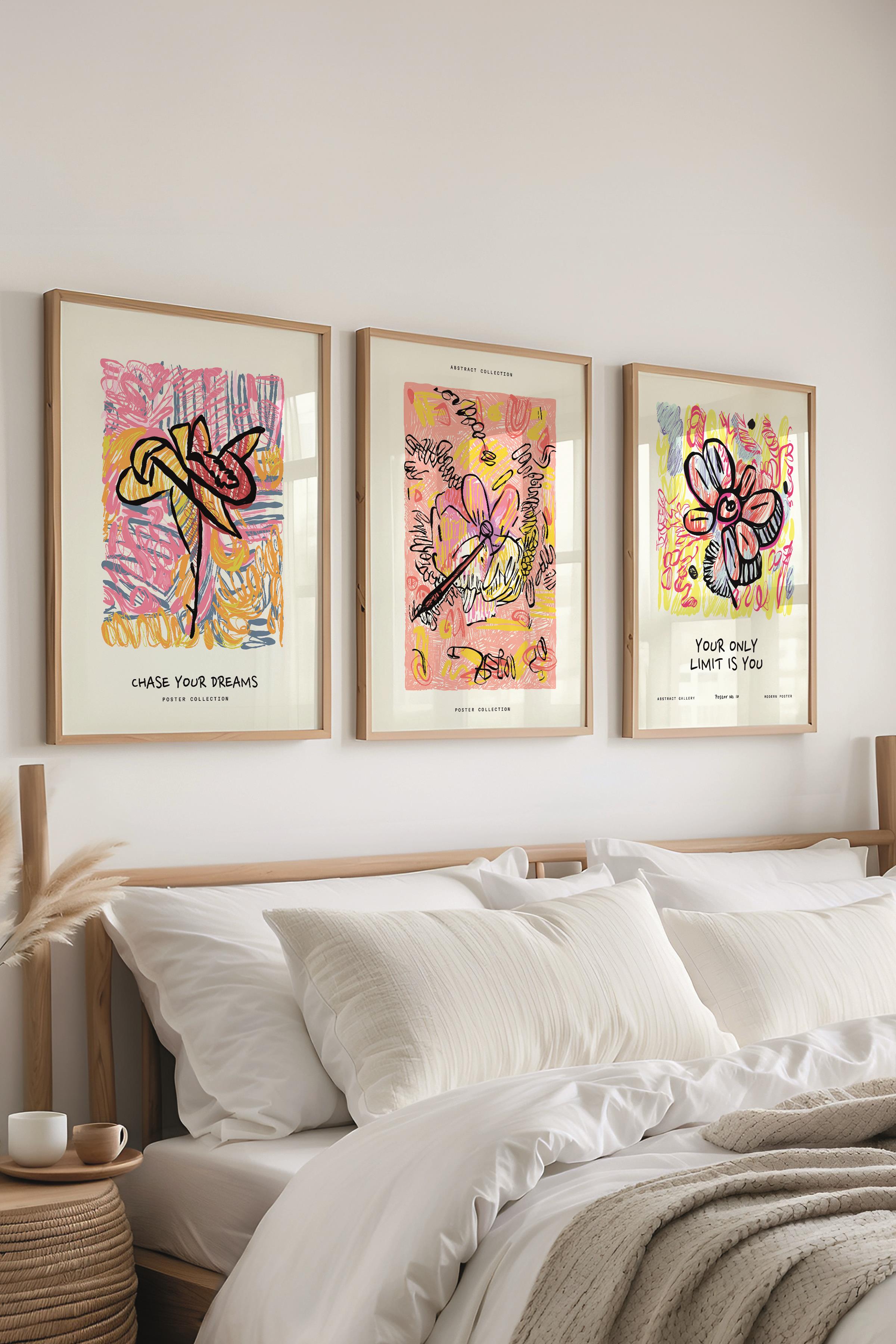 Renkli Minimalist Tablo Seti, 3 Adet Ahşap Çerçeve ve Poster - Yatak Odası, Salon, Mutfak Dekoru