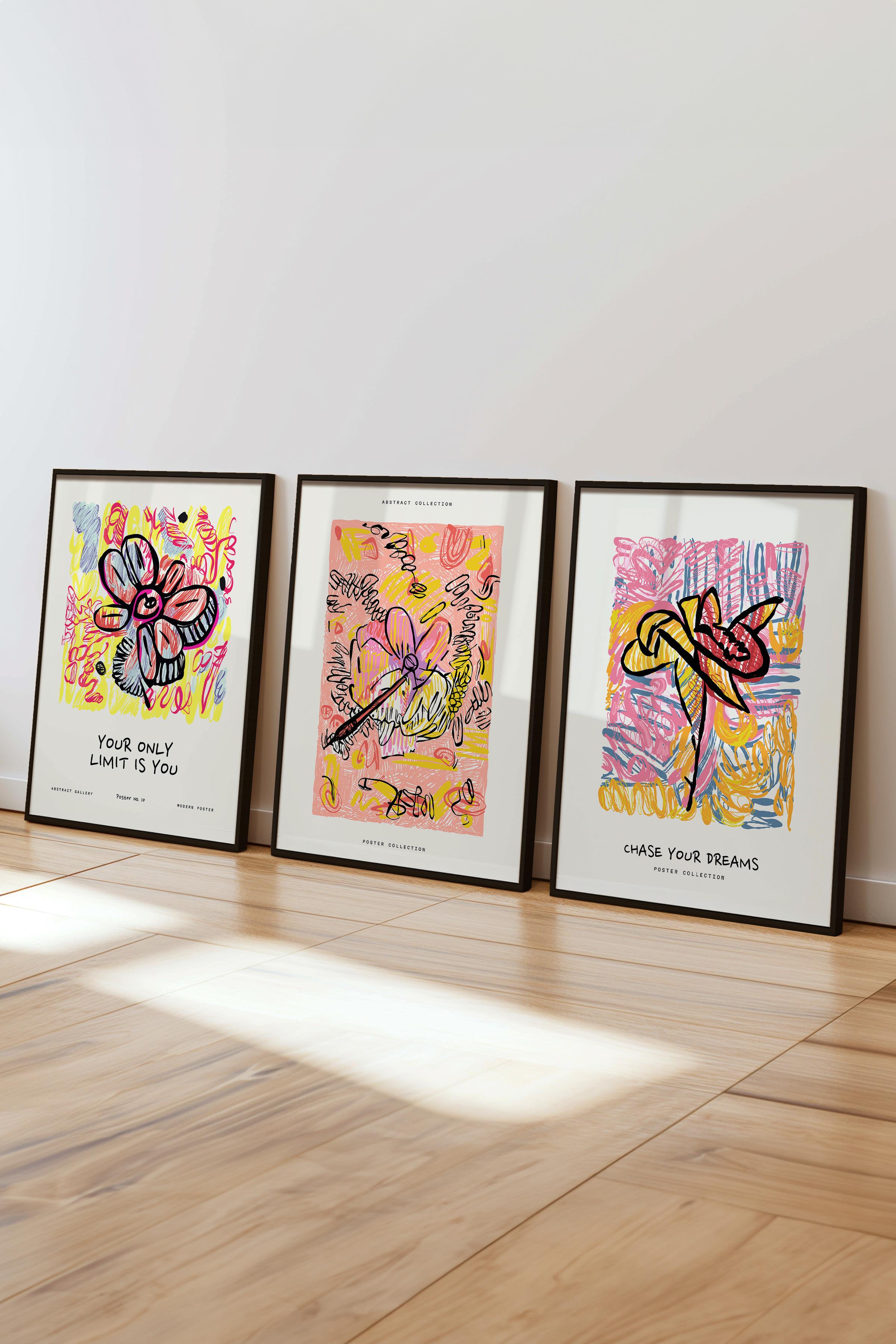 Renkli Minimalist Tablo Seti, 3 Adet Siyah Çerçeve ve Poster - Yatak Odası, Salon, Mutfak Dekoru