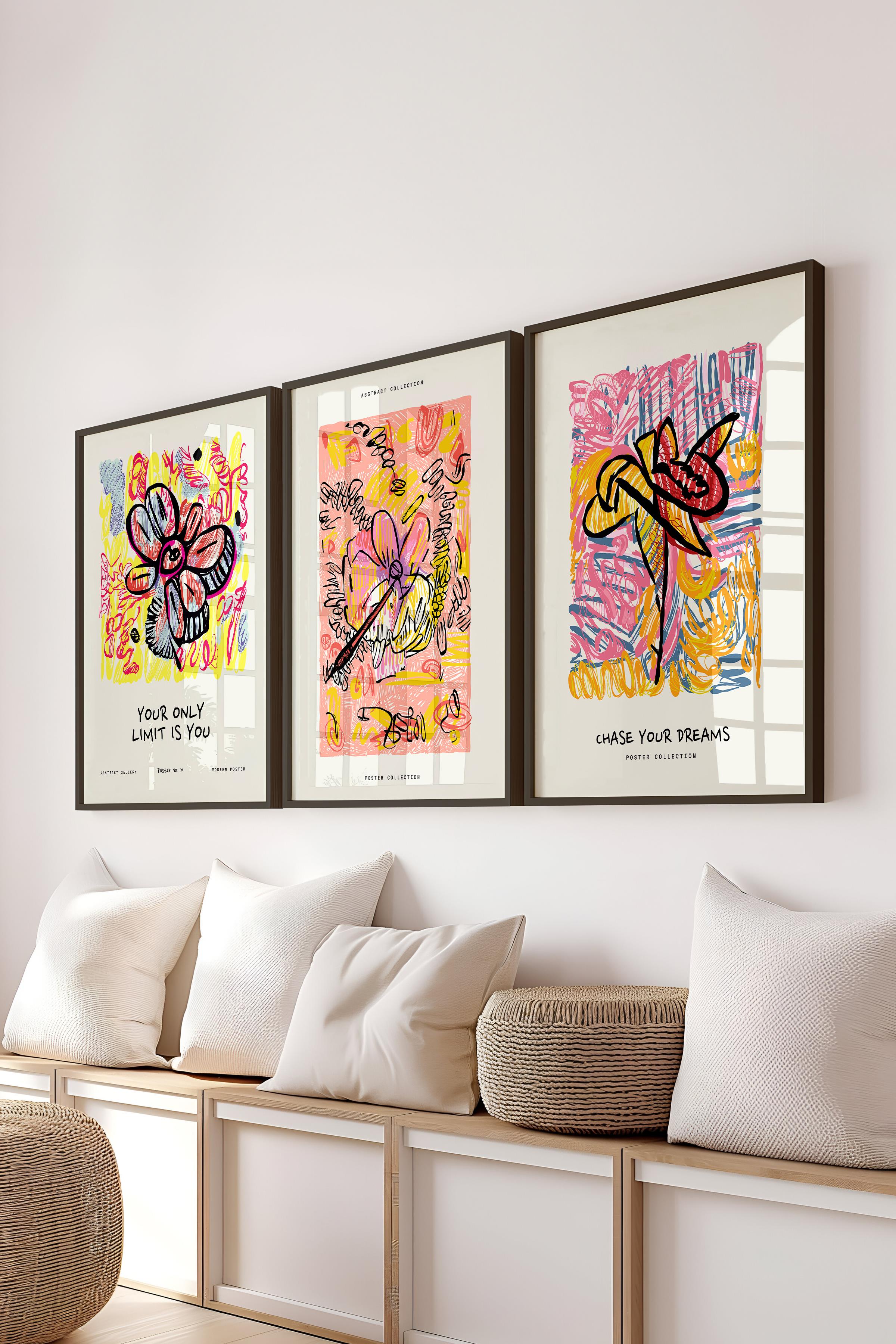 Renkli Minimalist Tablo Seti, 3 Adet Siyah Çerçeve ve Poster - Yatak Odası, Salon, Mutfak Dekoru
