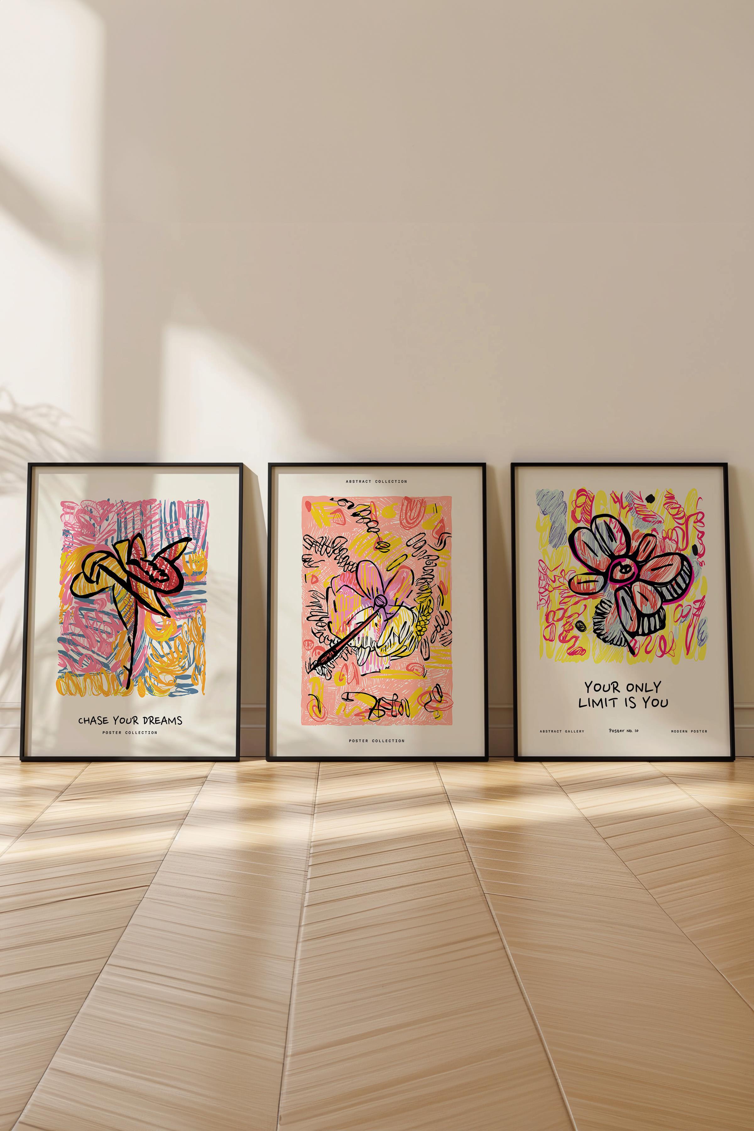 Renkli Minimalist Tablo Seti, 3 Adet Siyah Çerçeve ve Poster - Yatak Odası, Salon, Mutfak Dekoru