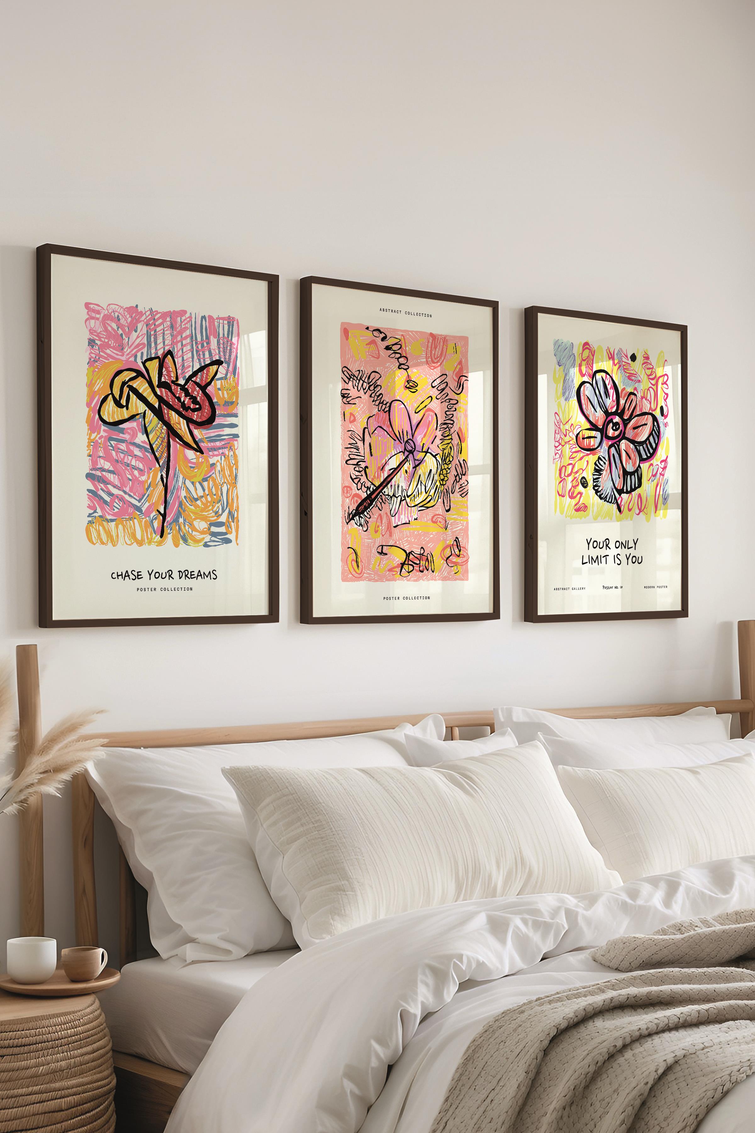 Renkli Minimalist Tablo Seti, 3 Adet Siyah Çerçeve ve Poster - Yatak Odası, Salon, Mutfak Dekoru