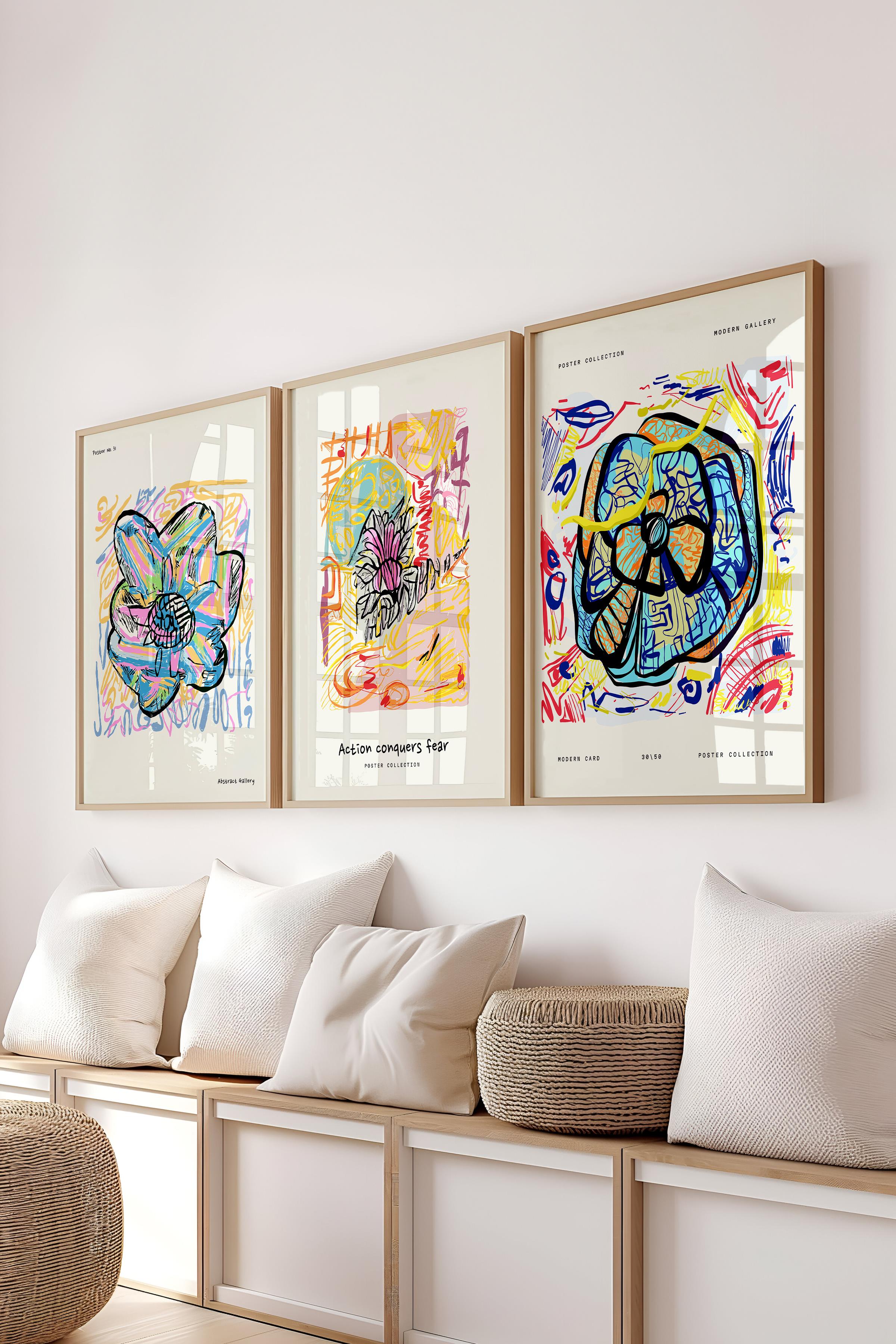 Renkli Minimalist Tablo Seti, 3 Adet Ahşap Çerçeve ve Poster - Yatak Odası, Salon, Mutfak Dekoru