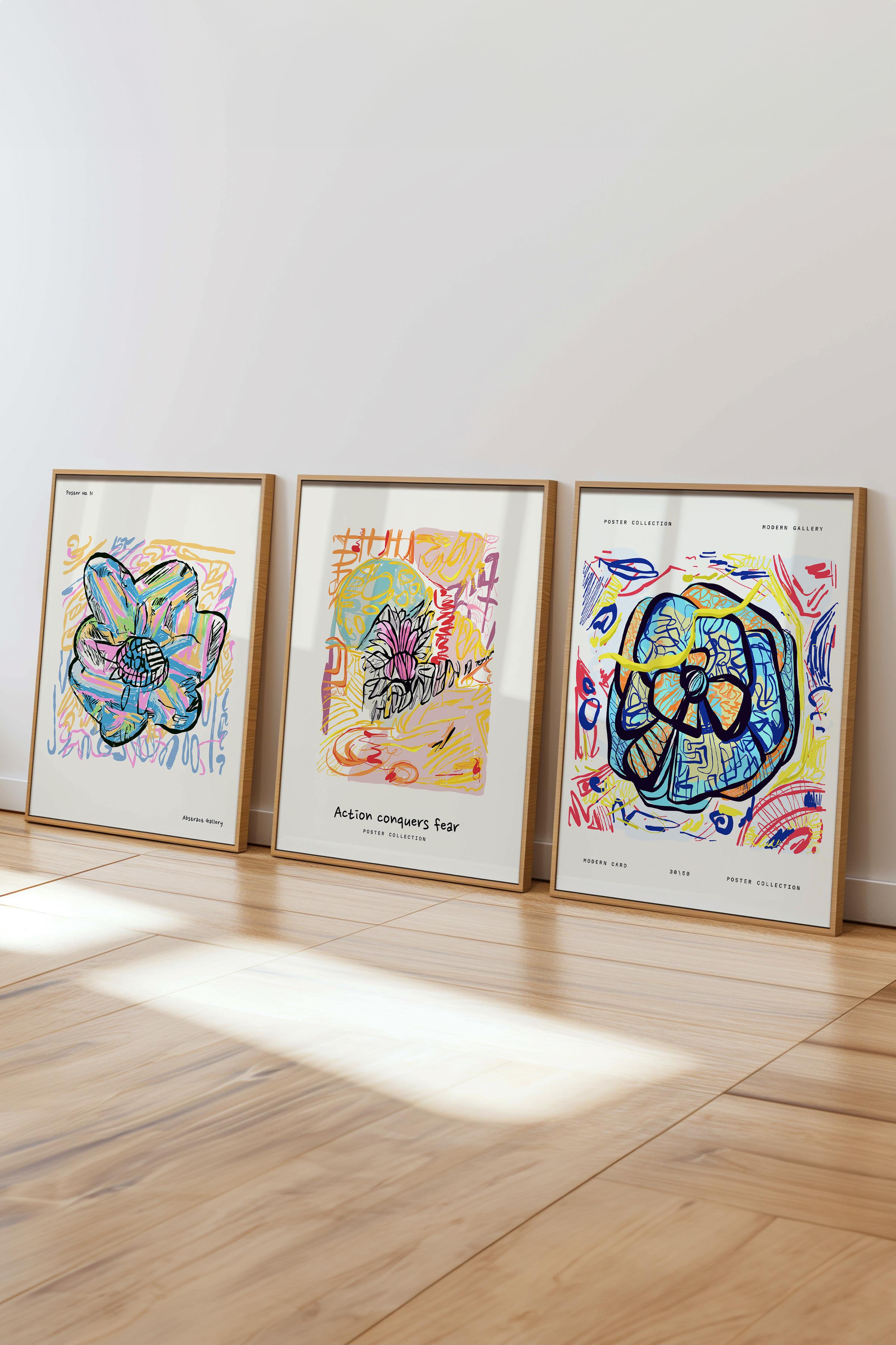 Renkli Minimalist Tablo Seti, 3 Adet Ahşap Çerçeve ve Poster - Yatak Odası, Salon, Mutfak Dekoru