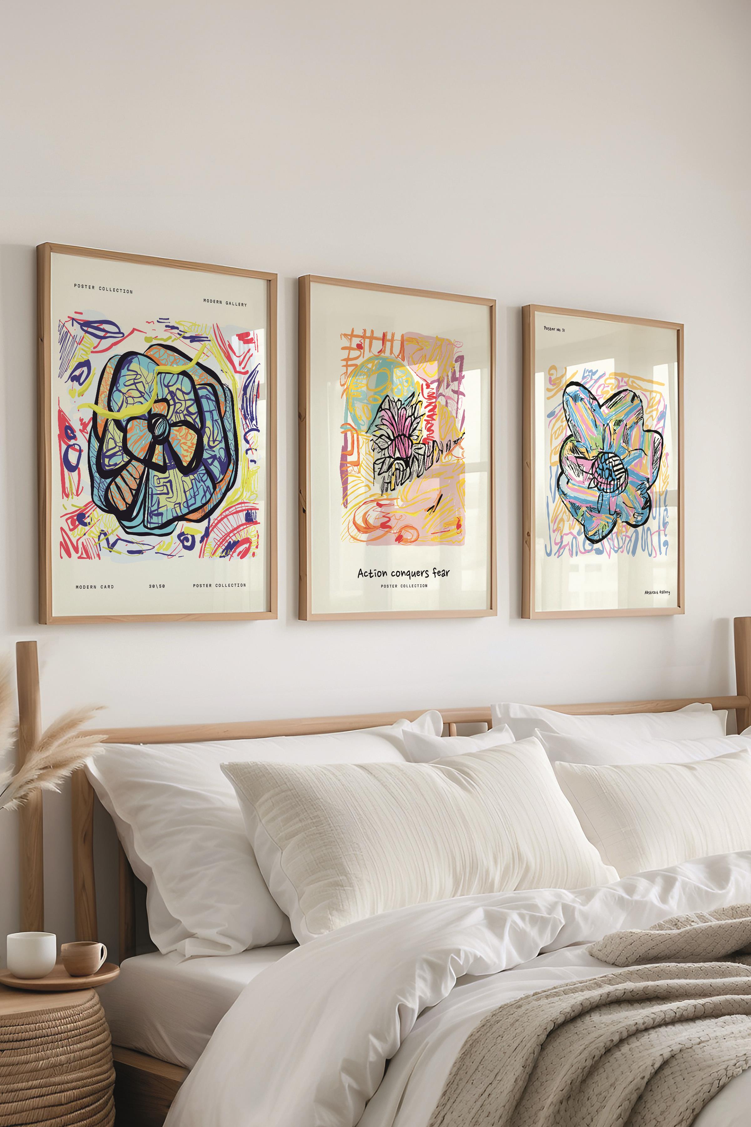 Renkli Minimalist Tablo Seti, 3 Adet Ahşap Çerçeve ve Poster - Yatak Odası, Salon, Mutfak Dekoru