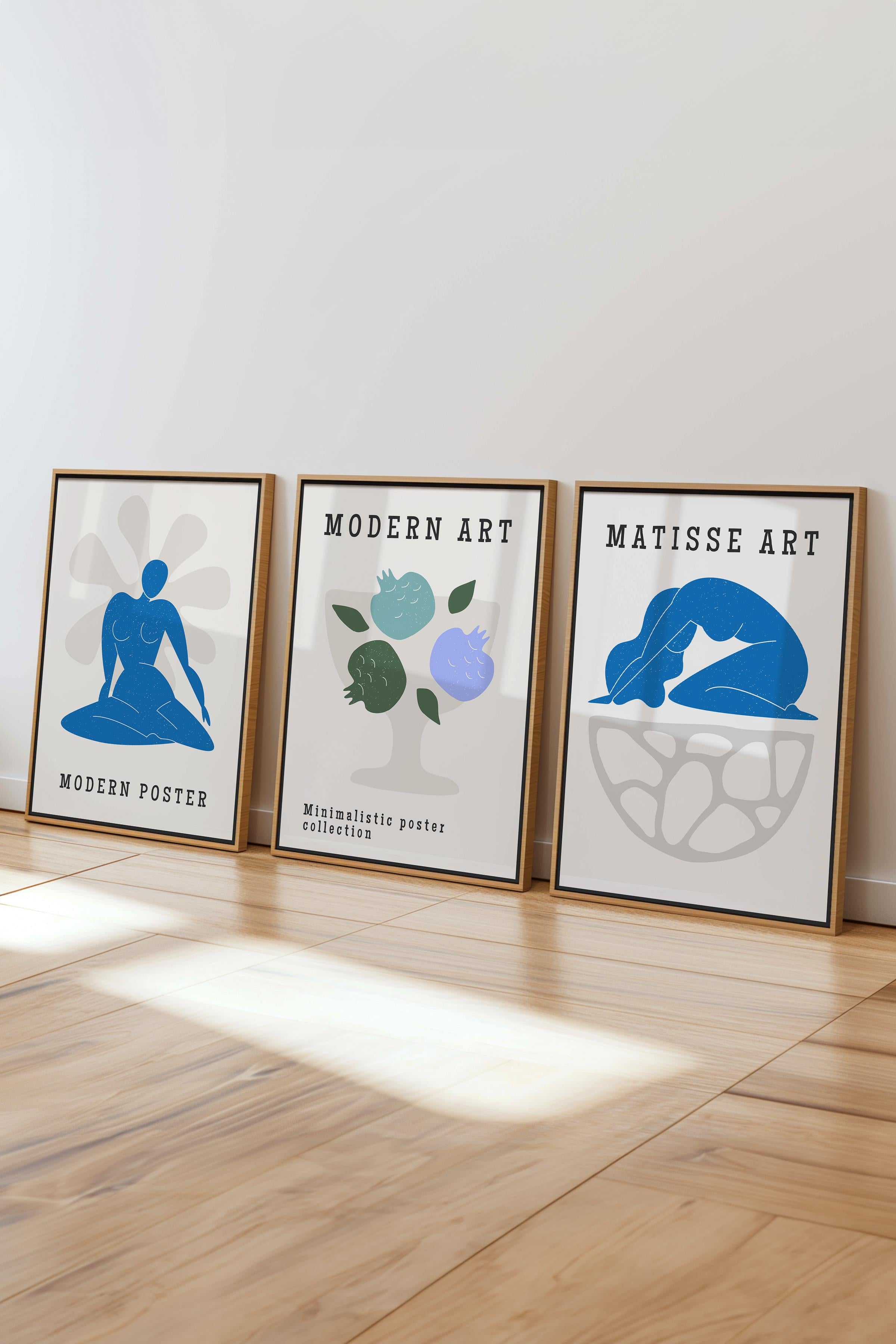 Matisse Tablo Seti, 3 Adet Ahşap Çerçeve ve Sanat Serisi Poster - Yatak Odası, Mutfak, Salon Dekoru