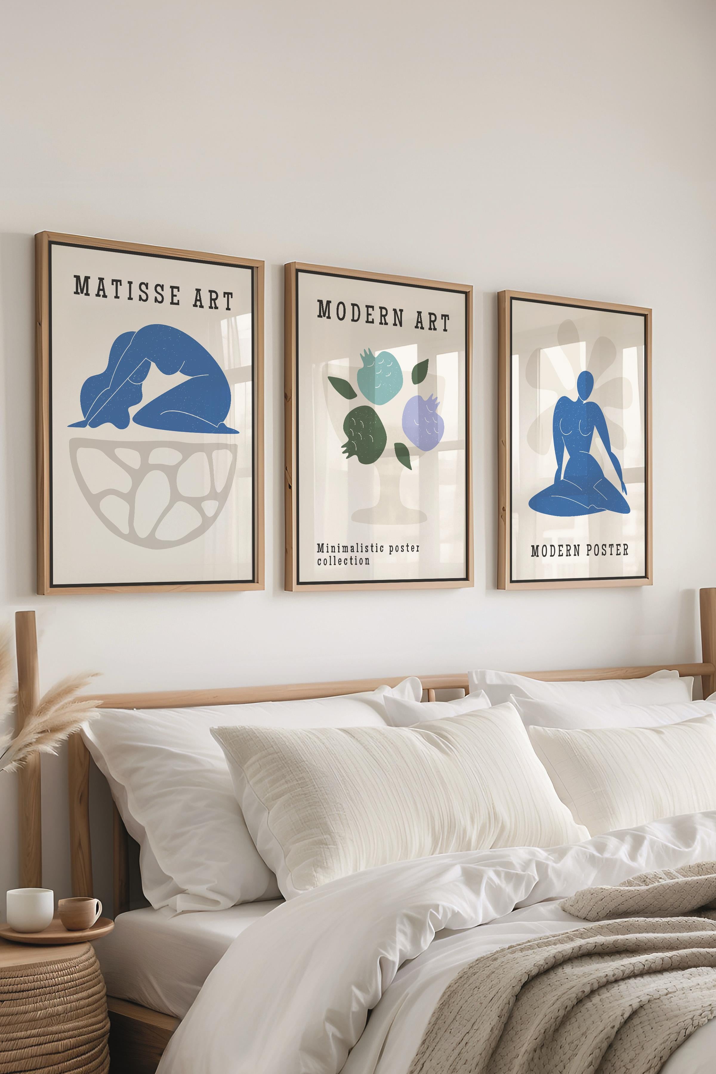 Matisse Tablo Seti, 3 Adet Ahşap Çerçeve ve Sanat Serisi Poster - Yatak Odası, Mutfak, Salon Dekoru