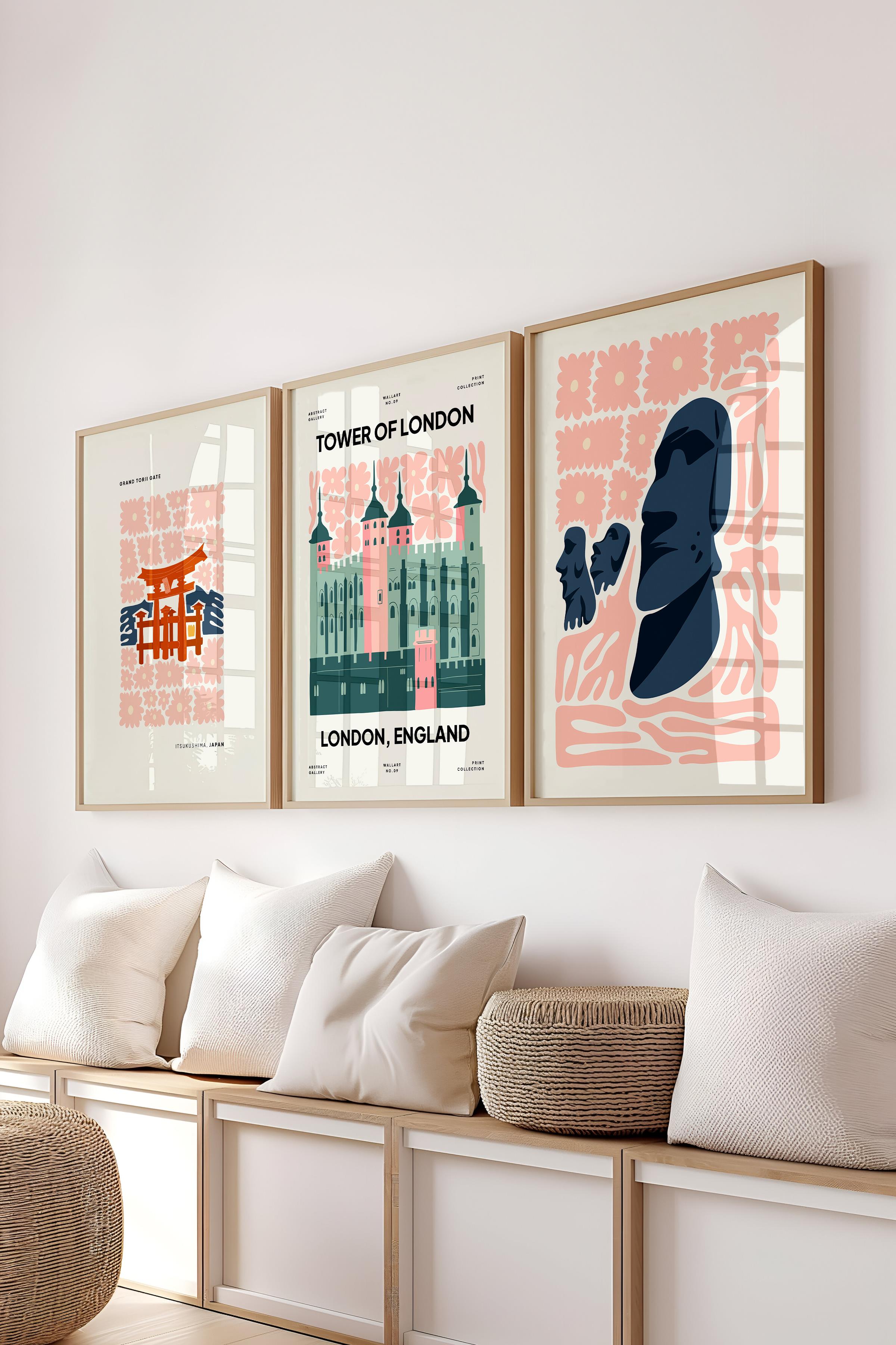 Pembe Minimaslit Tablo Seti, 3 Adet Ahşap Çerçeve ve Gezi Poster - Yatak Odası, Salon, Mutfak Dekoru