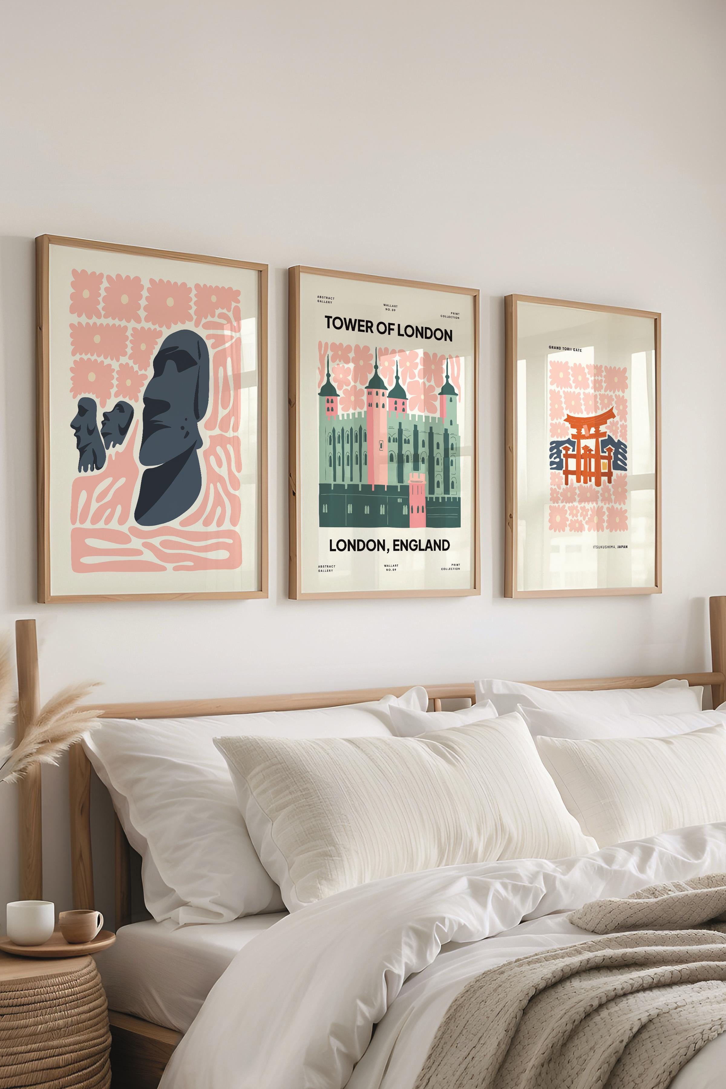 Pembe Minimaslit Tablo Seti, 3 Adet Ahşap Çerçeve ve Gezi Poster - Yatak Odası, Salon, Mutfak Dekoru