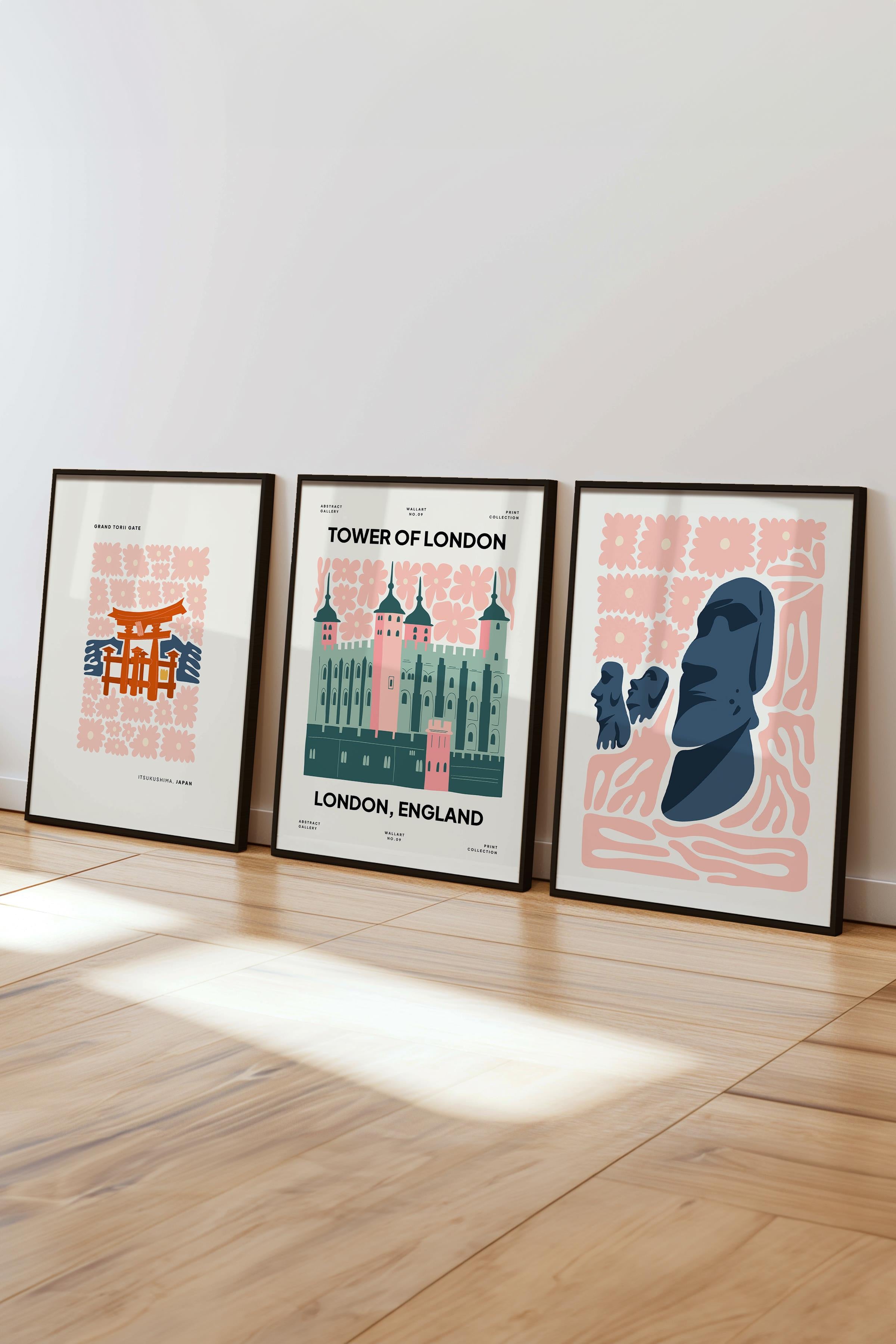 Pembe Minimaslit Tablo Seti, 3 Adet Siyah Çerçeve ve Gezi Poster - Yatak Odası, Salon, Mutfak Dekoru