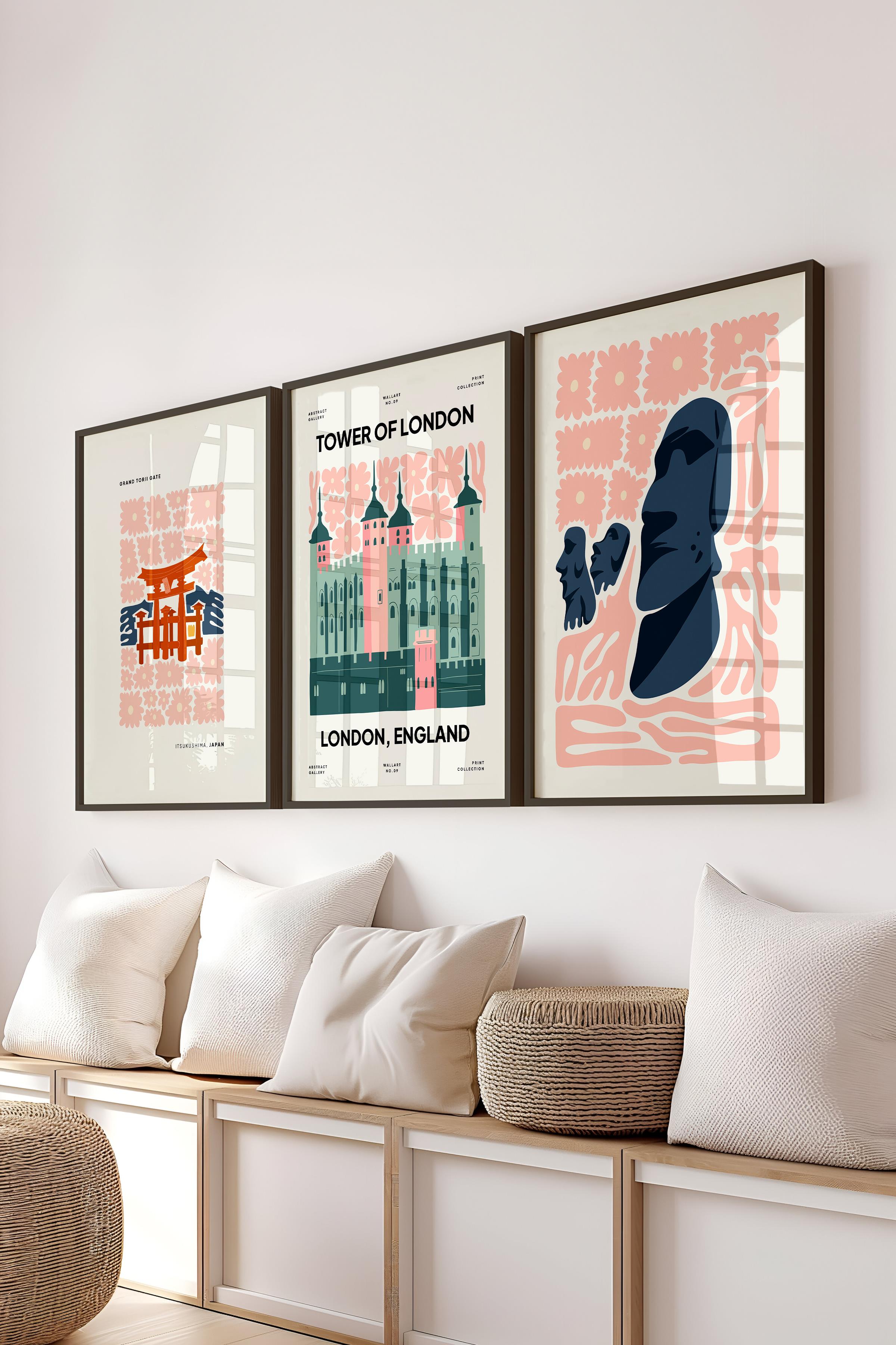 Pembe Minimaslit Tablo Seti, 3 Adet Siyah Çerçeve ve Gezi Poster - Yatak Odası, Salon, Mutfak Dekoru