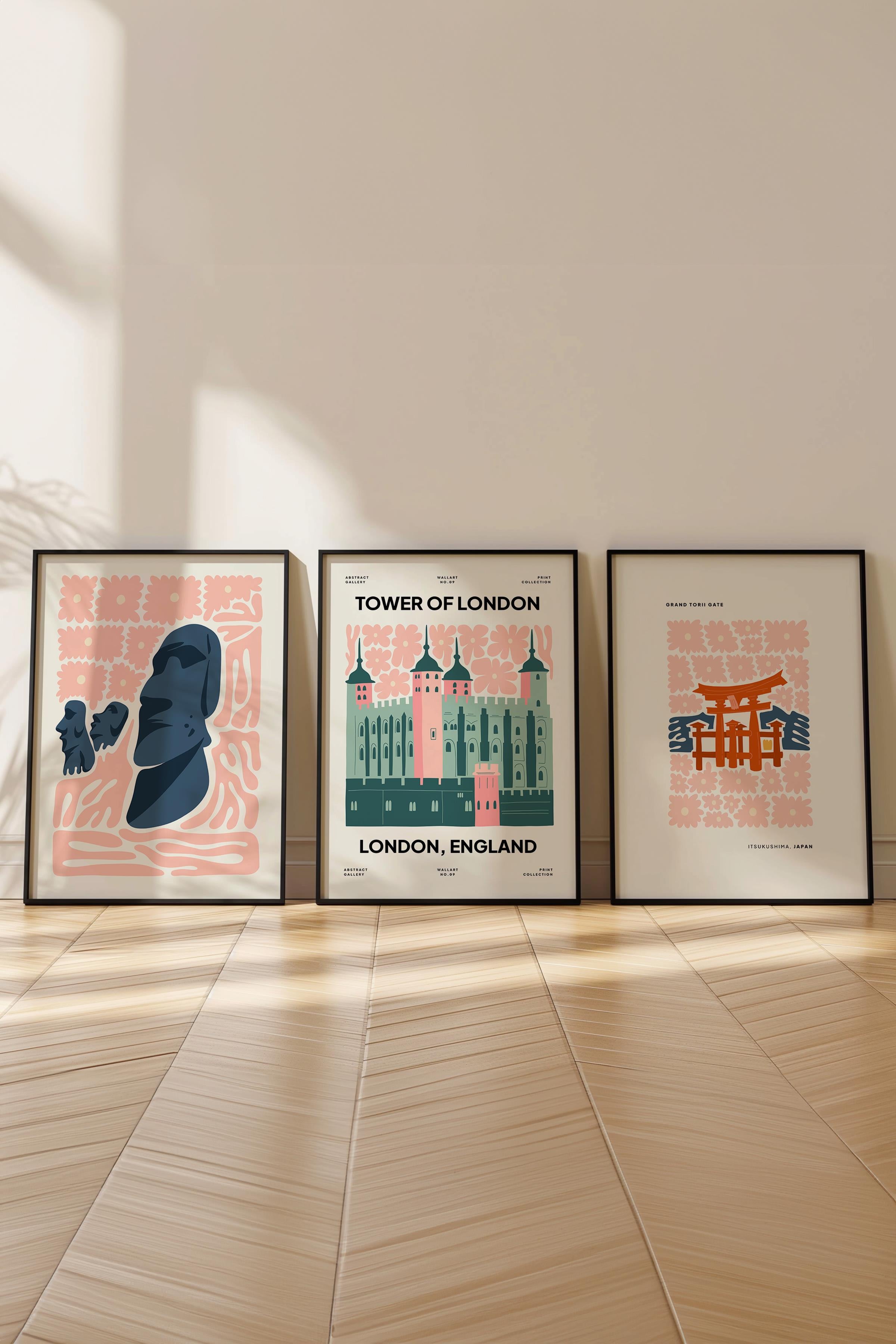 Pembe Minimaslit Tablo Seti, 3 Adet Siyah Çerçeve ve Gezi Poster - Yatak Odası, Salon, Mutfak Dekoru