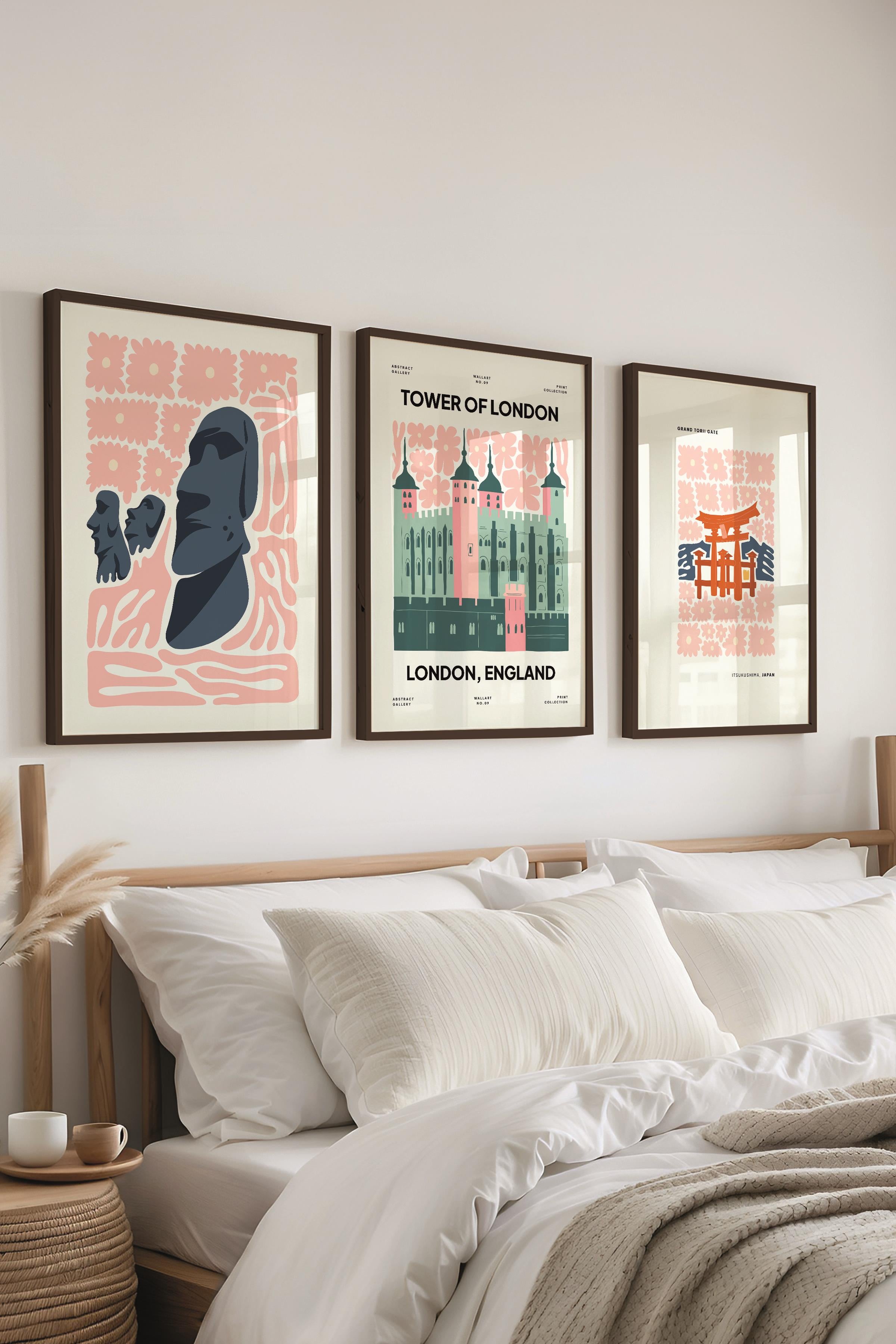 Pembe Minimaslit Tablo Seti, 3 Adet Siyah Çerçeve ve Gezi Poster - Yatak Odası, Salon, Mutfak Dekoru