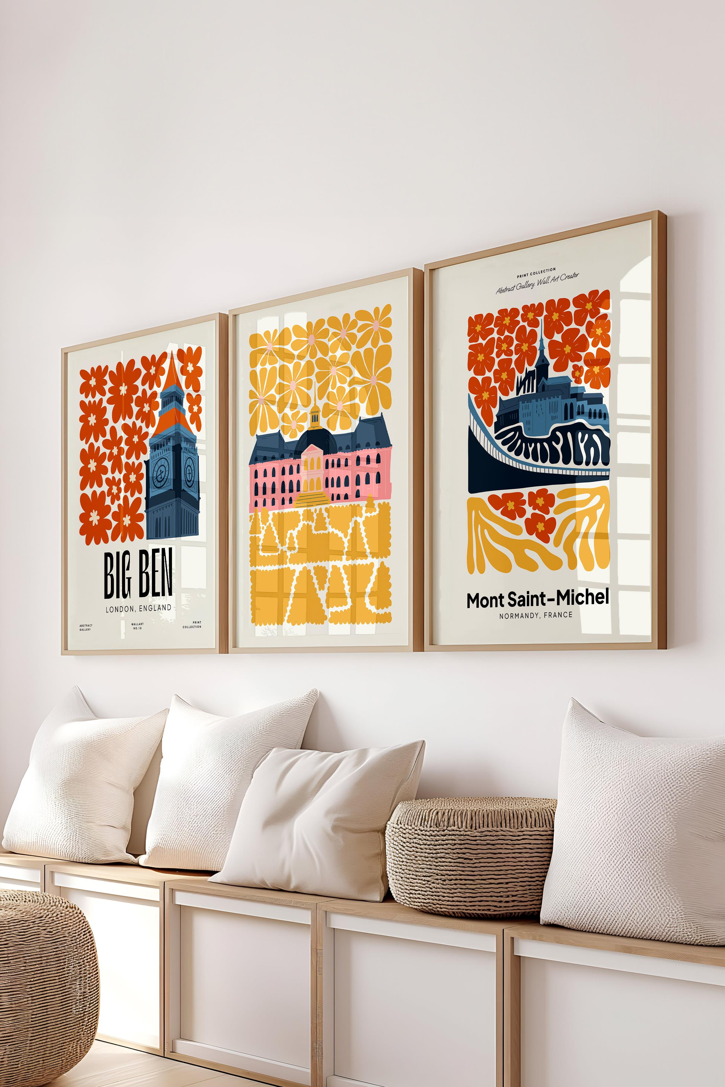 Renkli Minimaslit Tablo Seti, 3 Adet Ahşap Çerçeve ve Gezi Poster - Yatak Odası, Salon, Mutfak Dekor